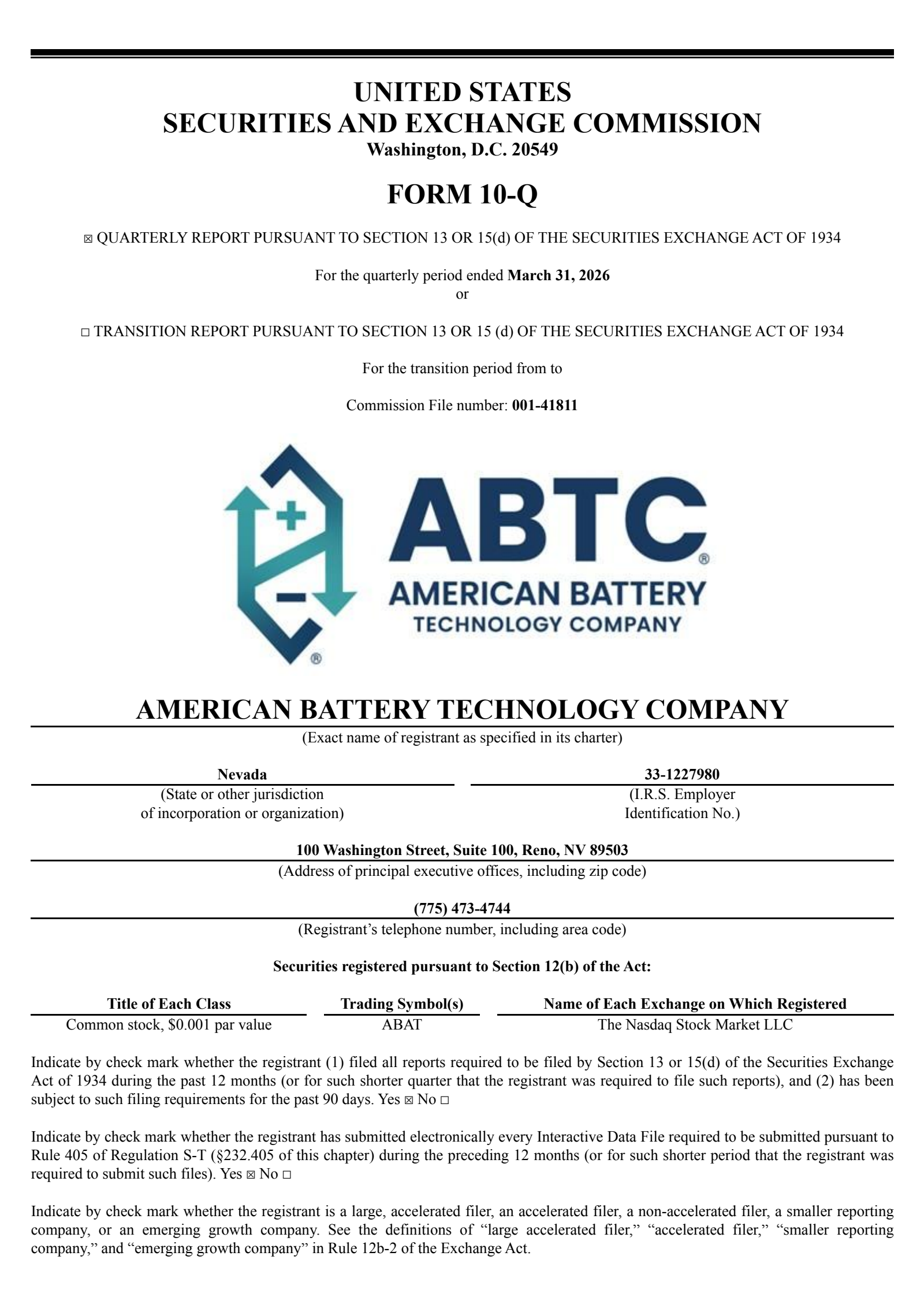 American Battery Technology's Q3 2026 Quarterly report