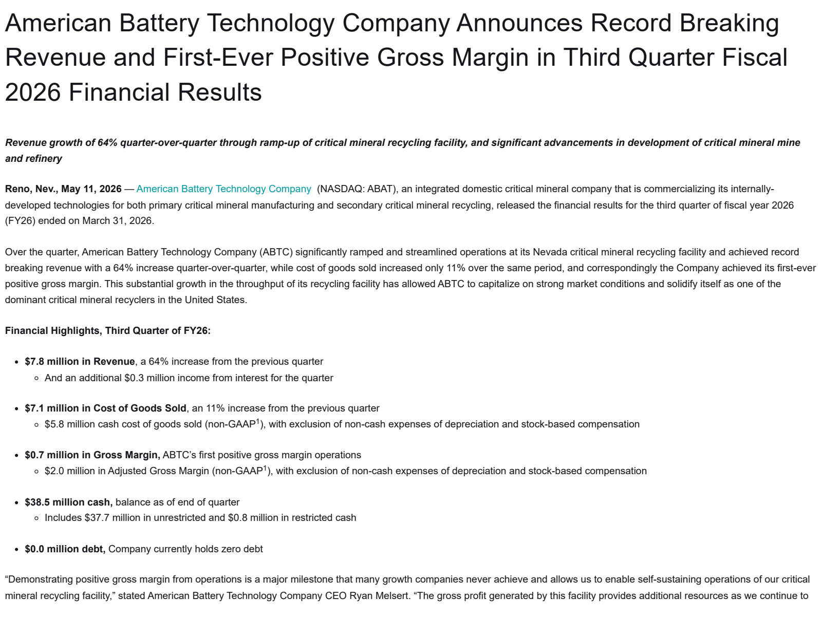 American Battery Technology's Q3 2026 Press Release