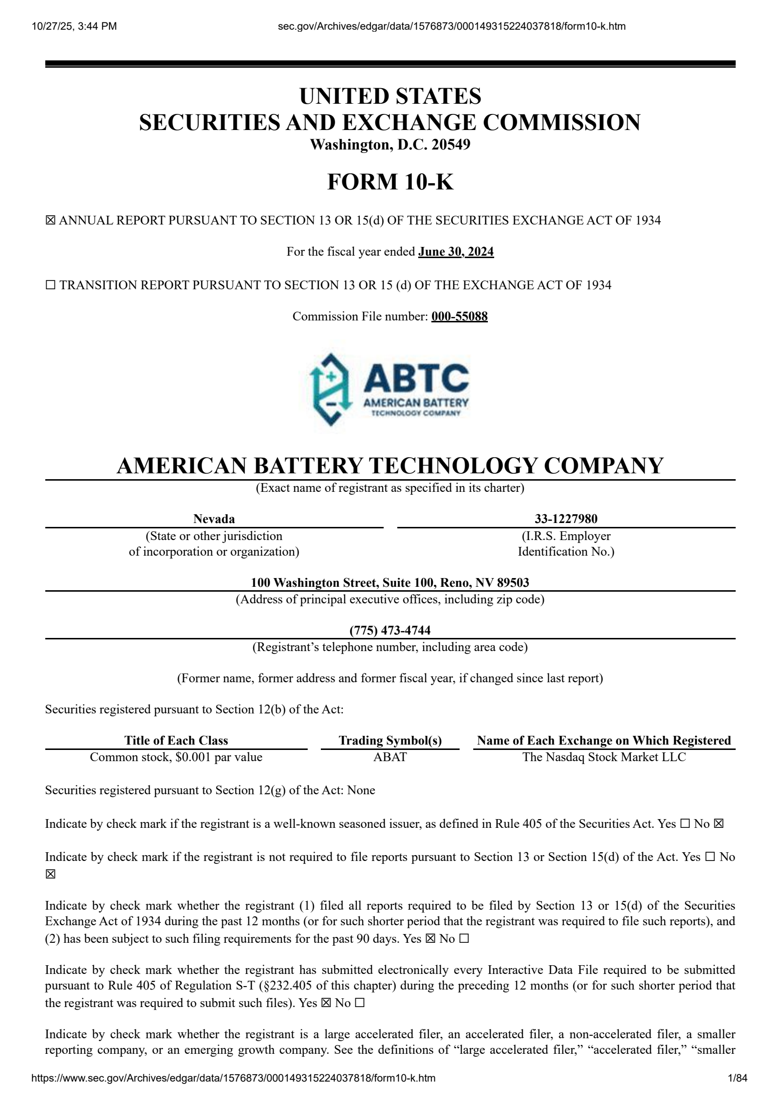 American Battery Technology's Q4 2024 Annual Report