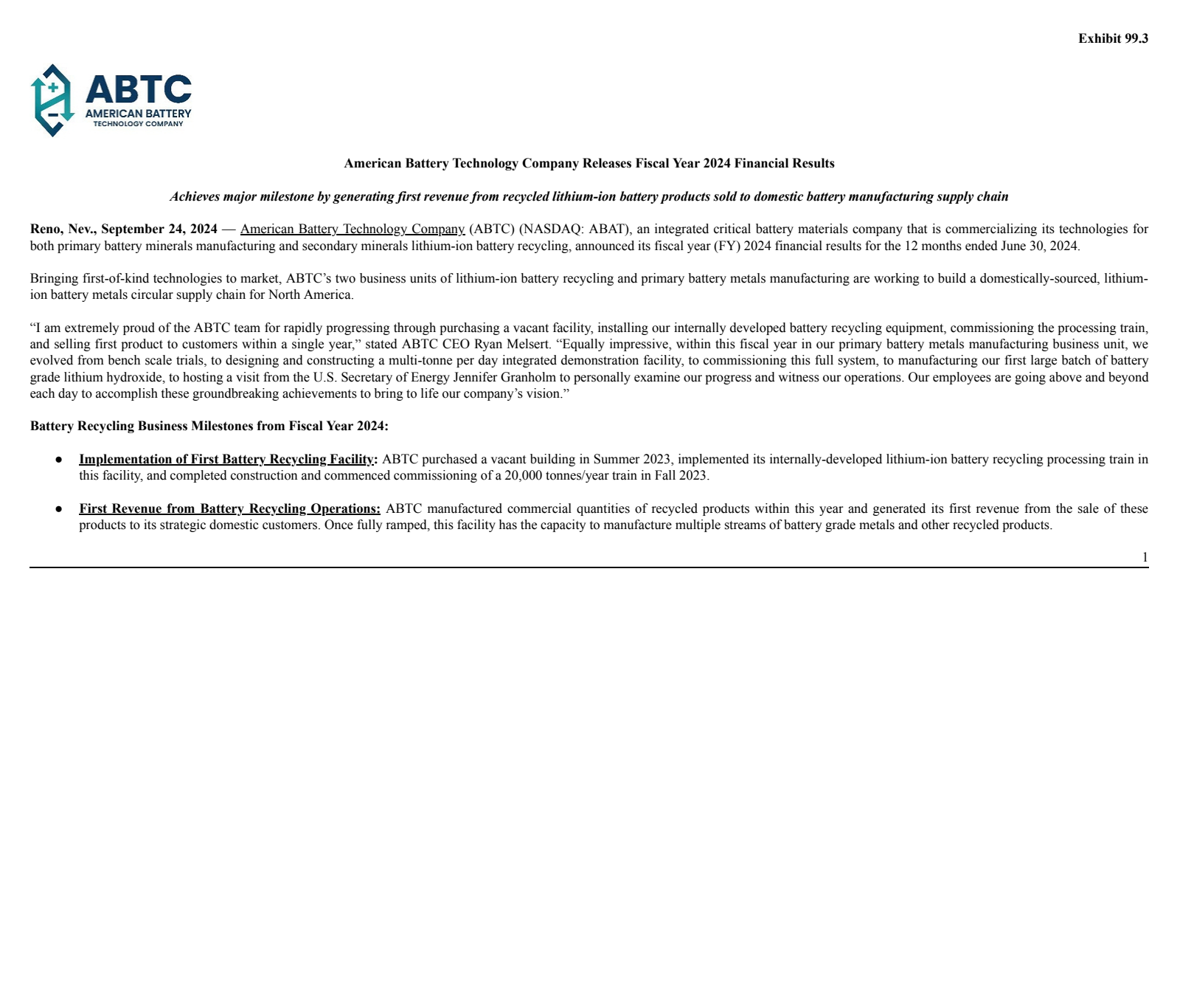 American Battery Technology's Q4 2024 Earnings Release