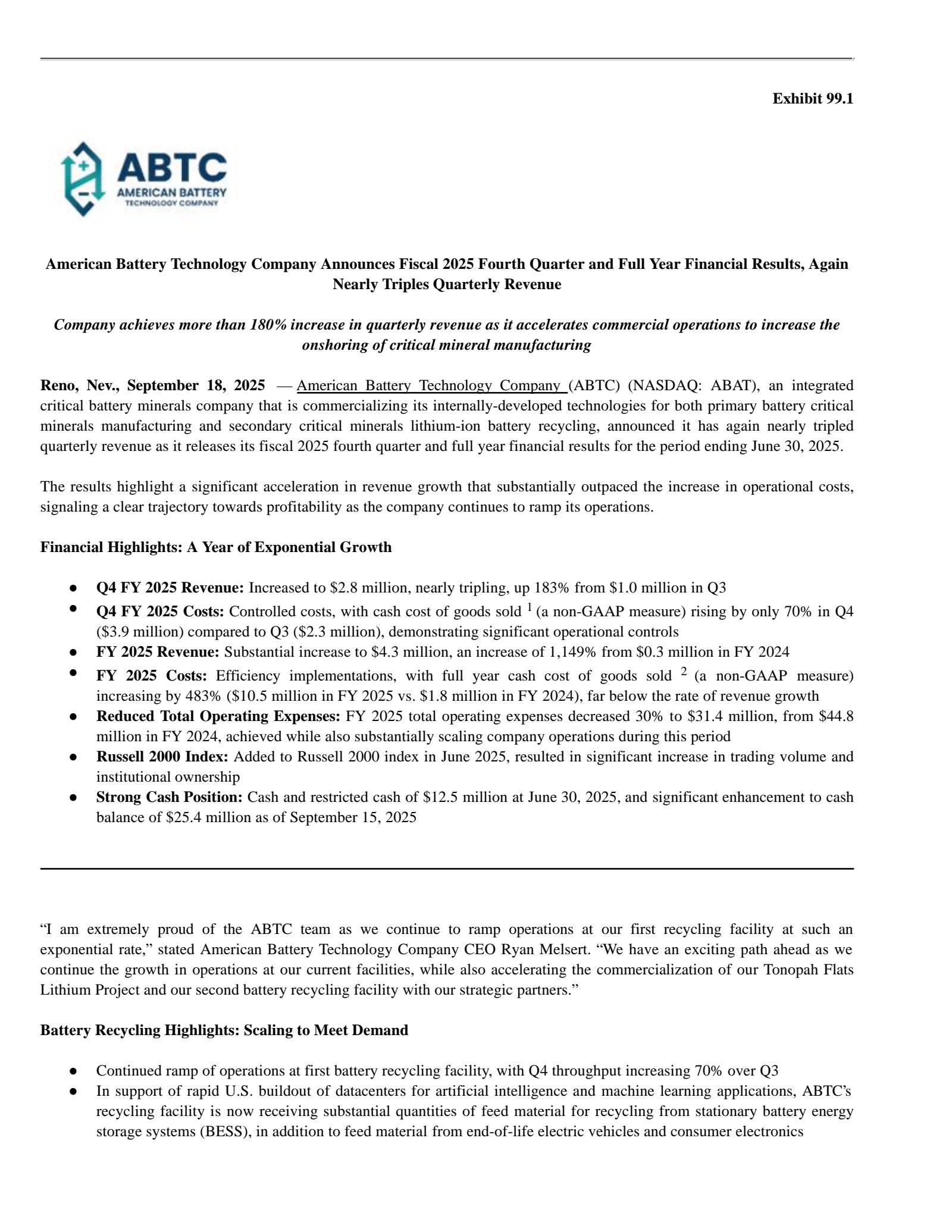 American Battery Technology's Q4 2025 Earnings Release
