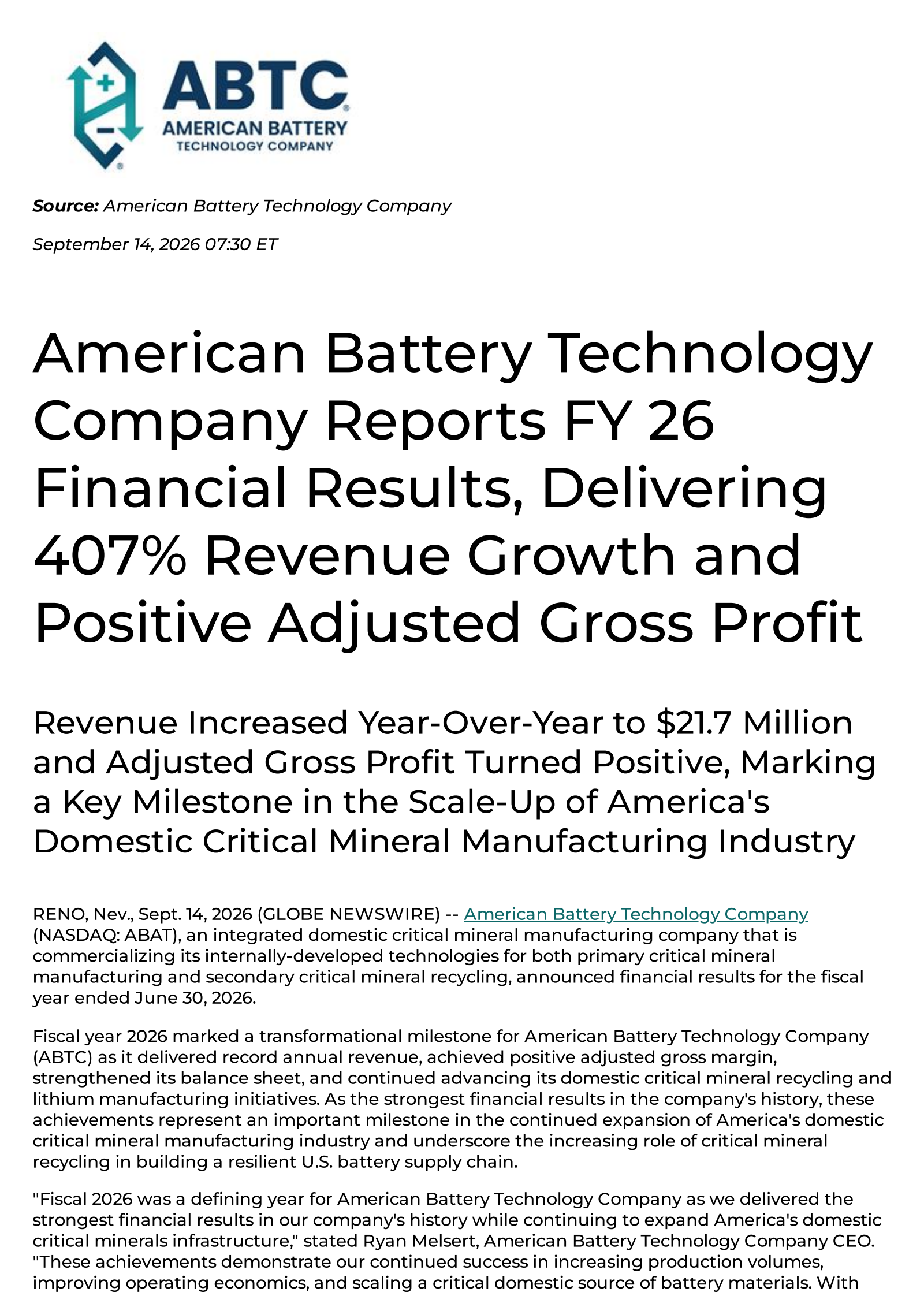 American Battery Technology's Q4 2026 Press Release