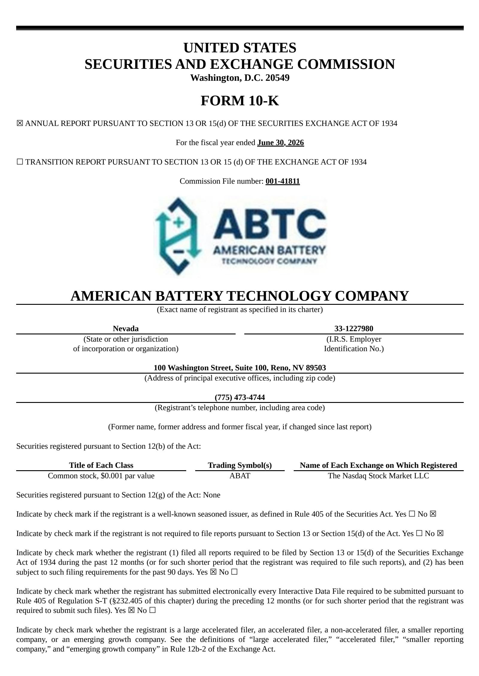 American Battery Technology's Q4 2026 Annual report