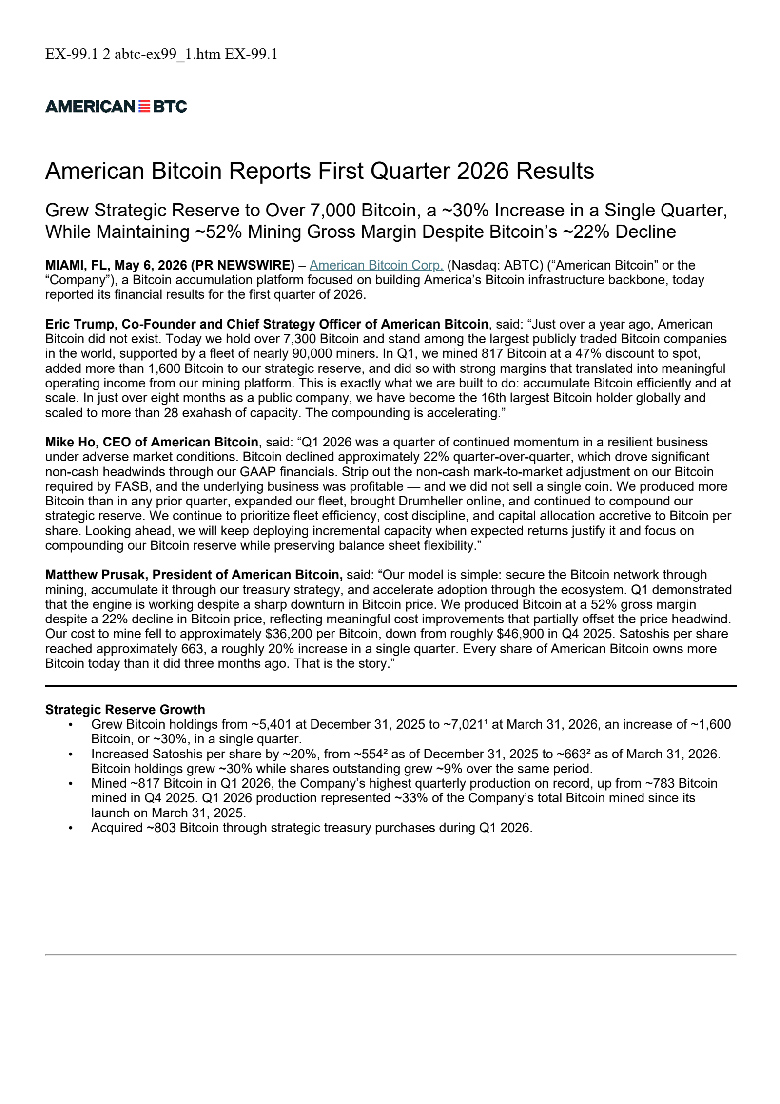 American Bitcoin's Q1 2026 Press Release