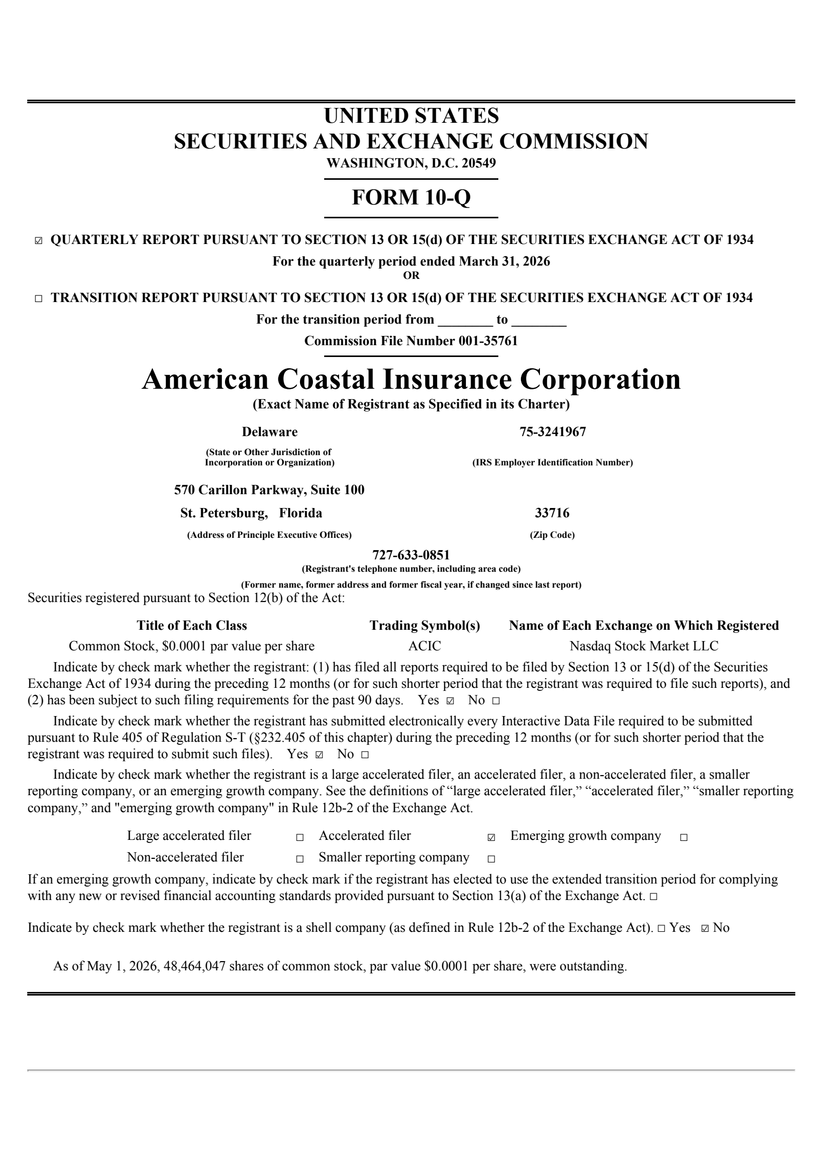 American Coastal Insurance's Q1 2026 Quarterly report