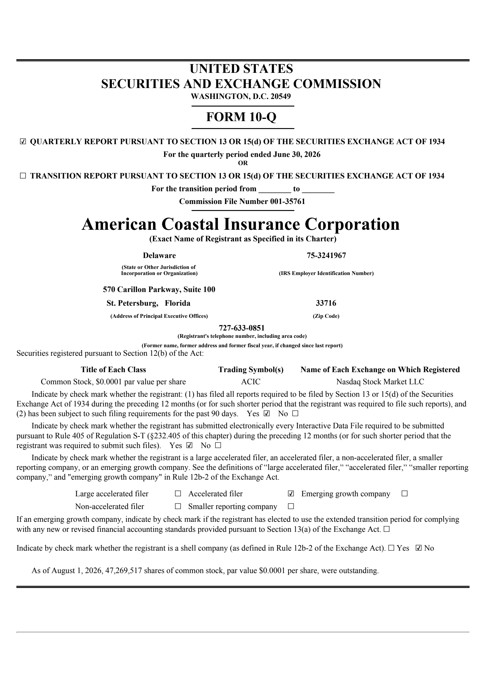 American Coastal Insurance's Q2 2026 Quarterly report