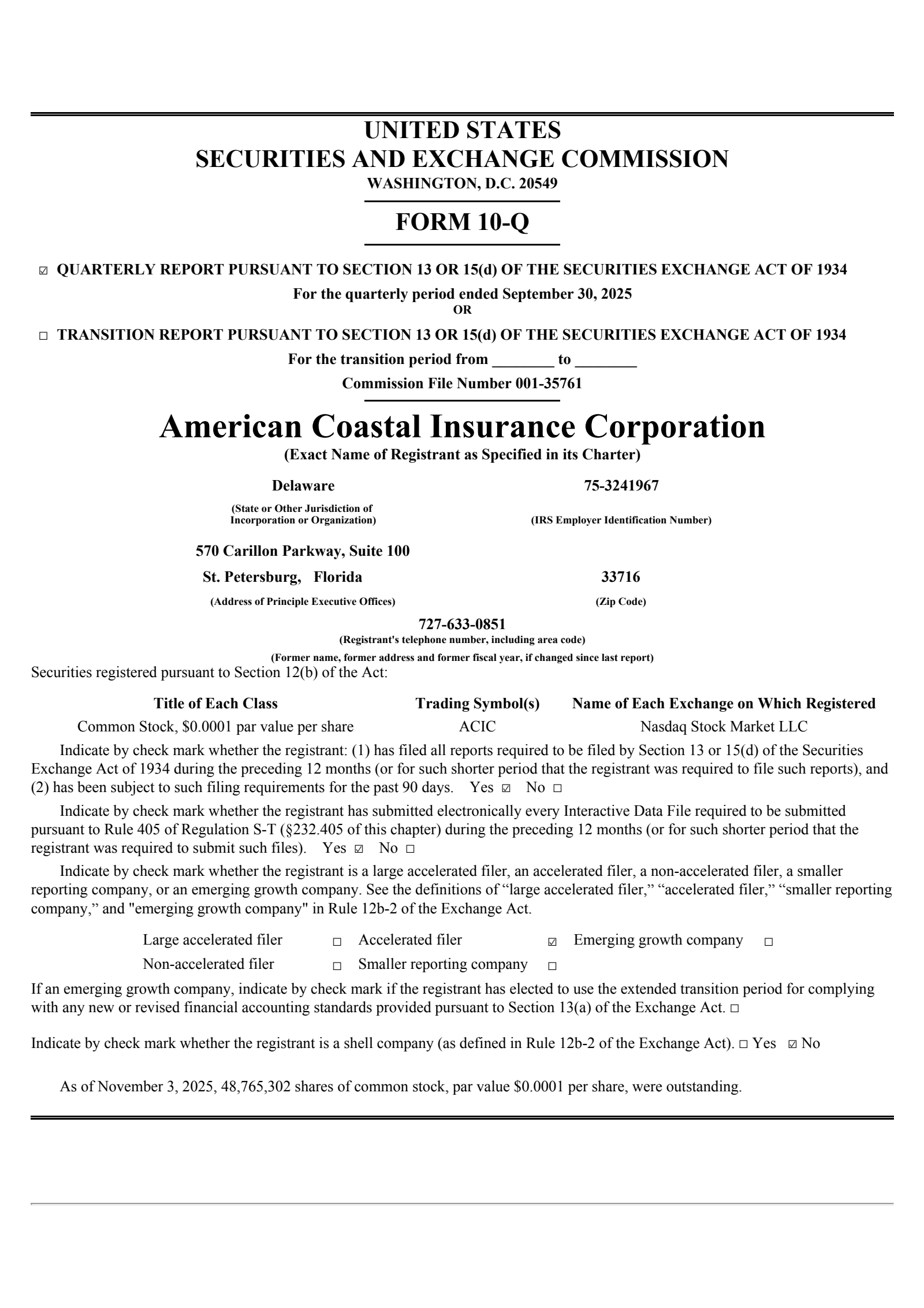 American Coastal Insurance's Q3 2025 Quarterly Report