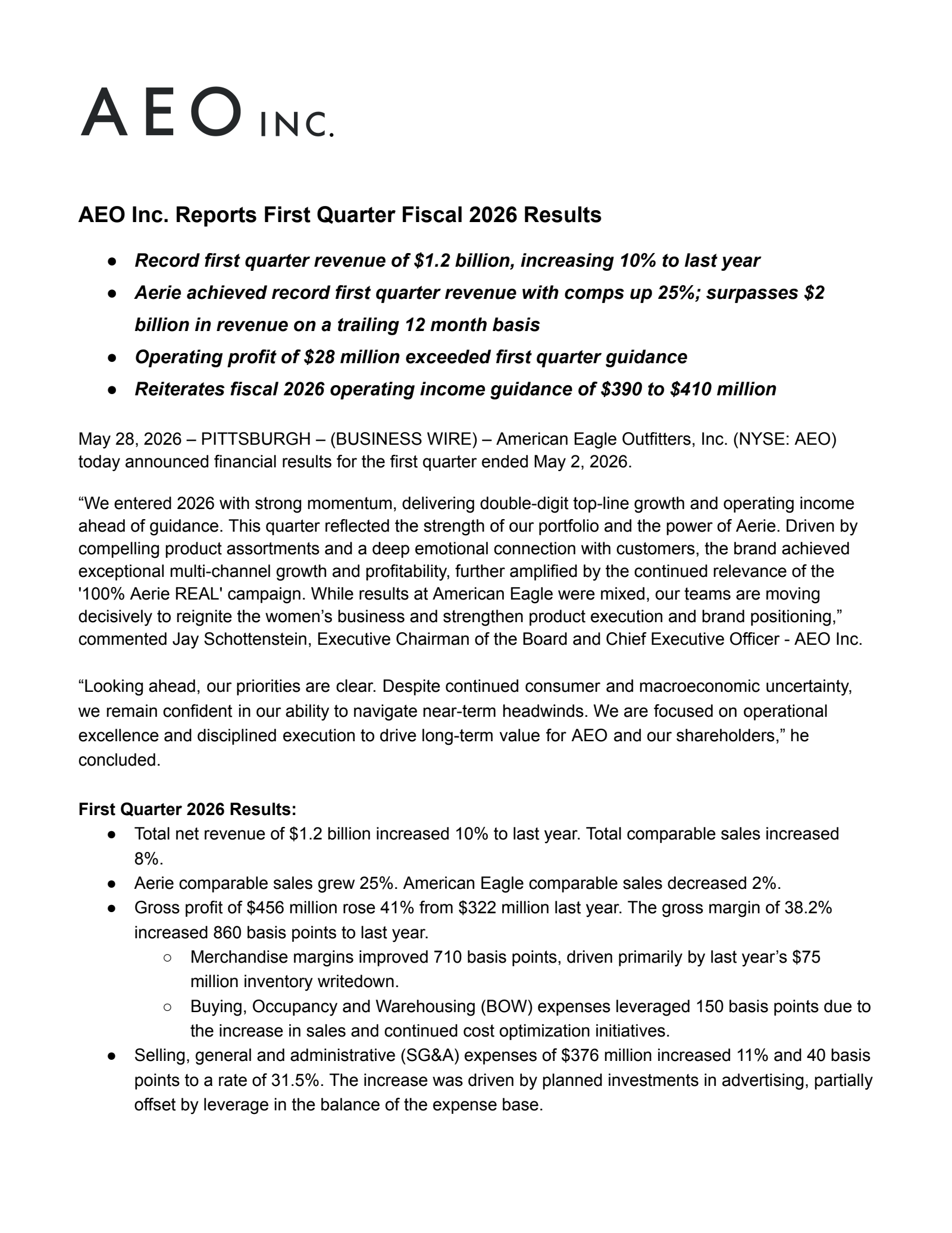 American Eagle Outfitters' Q1 2026 Press Release