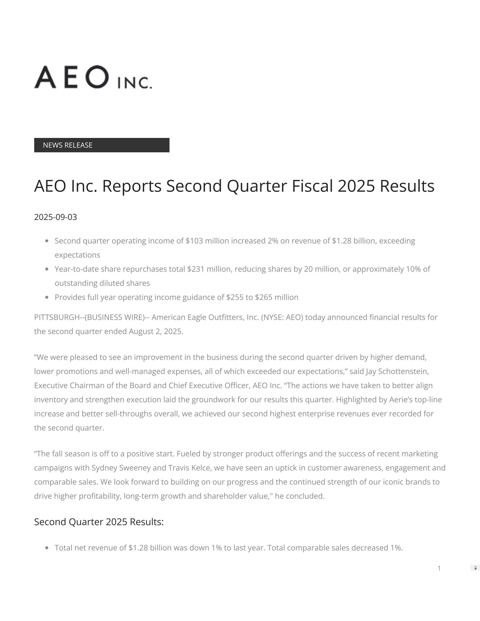 American Eagle Outfitters' Q2 2026 Press Release