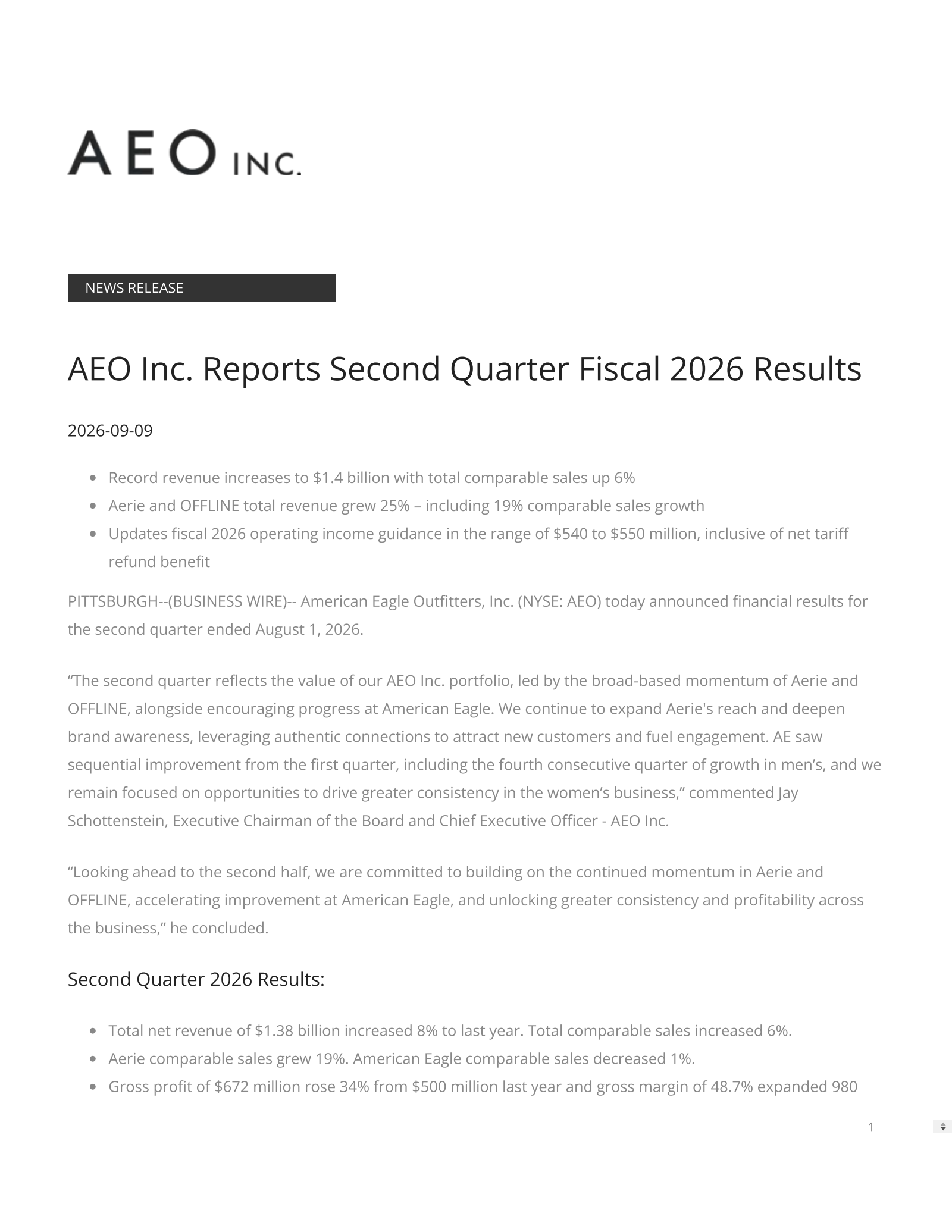 American Eagle Outfitters' Q2 2026 Press Release