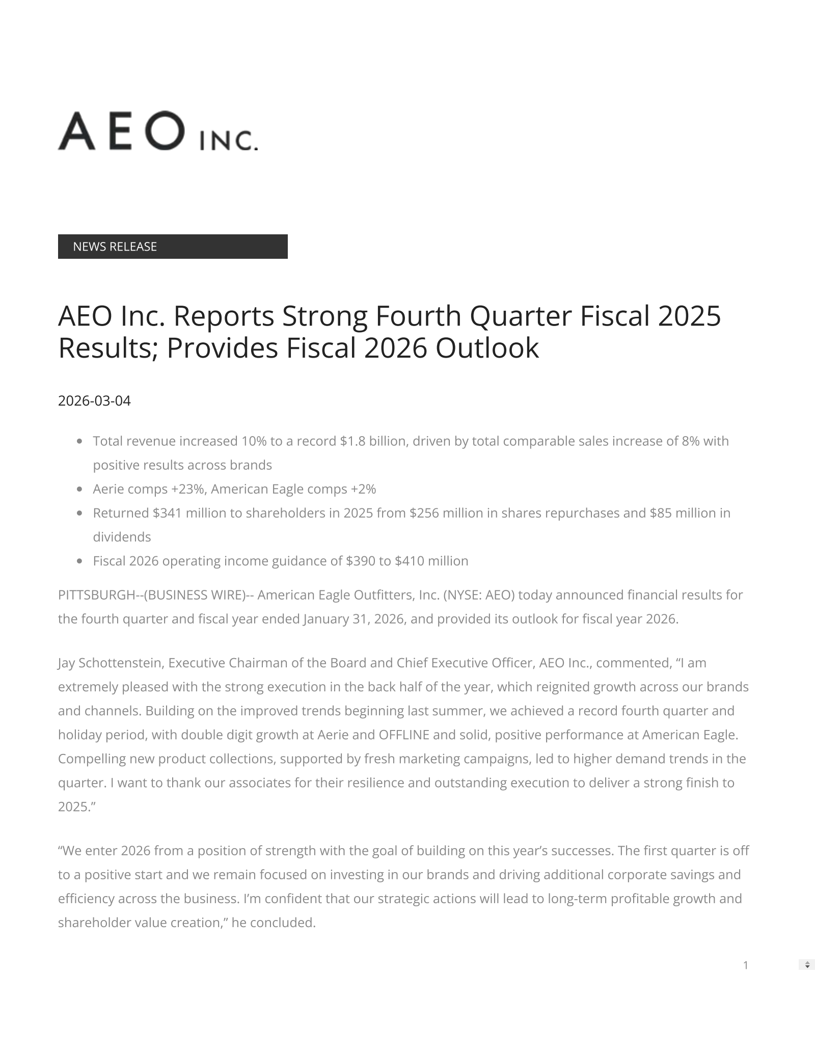 American Eagle Outfitters' Q4 2025 Press Release