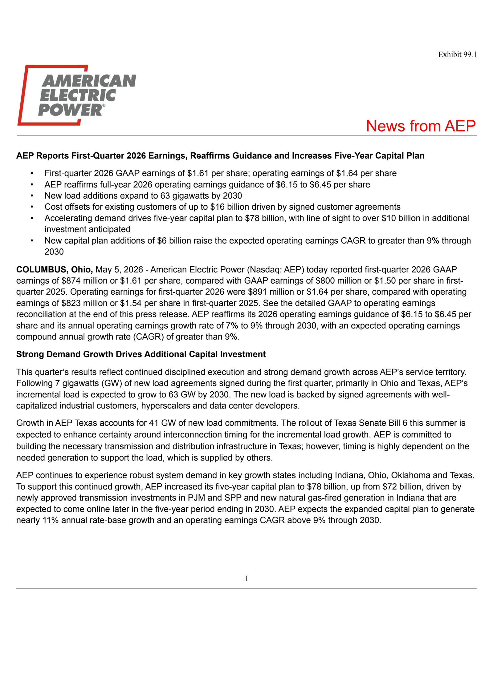 American Electric Power's Q1 2026 Press Release