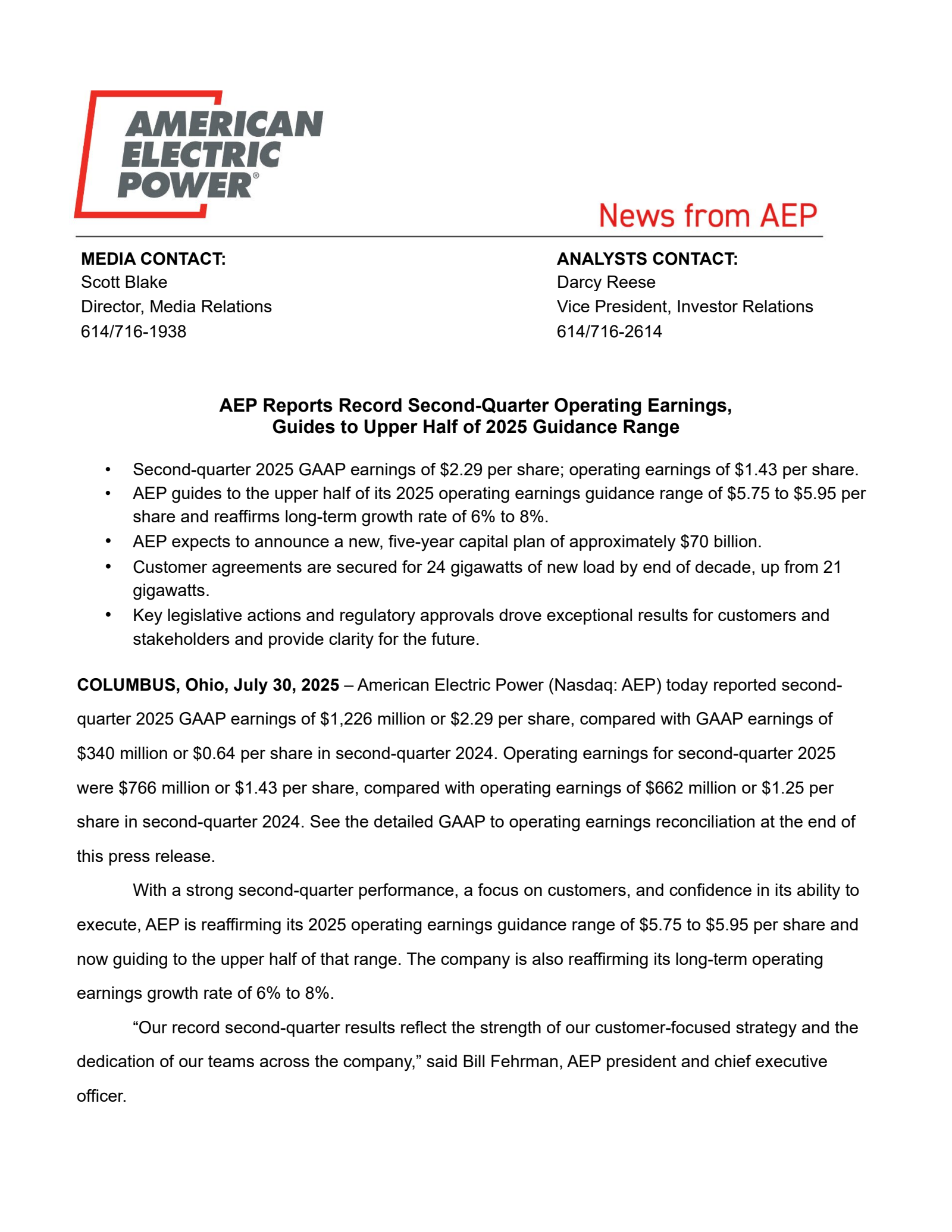 American Electric Power's Q2 2025 Press Release