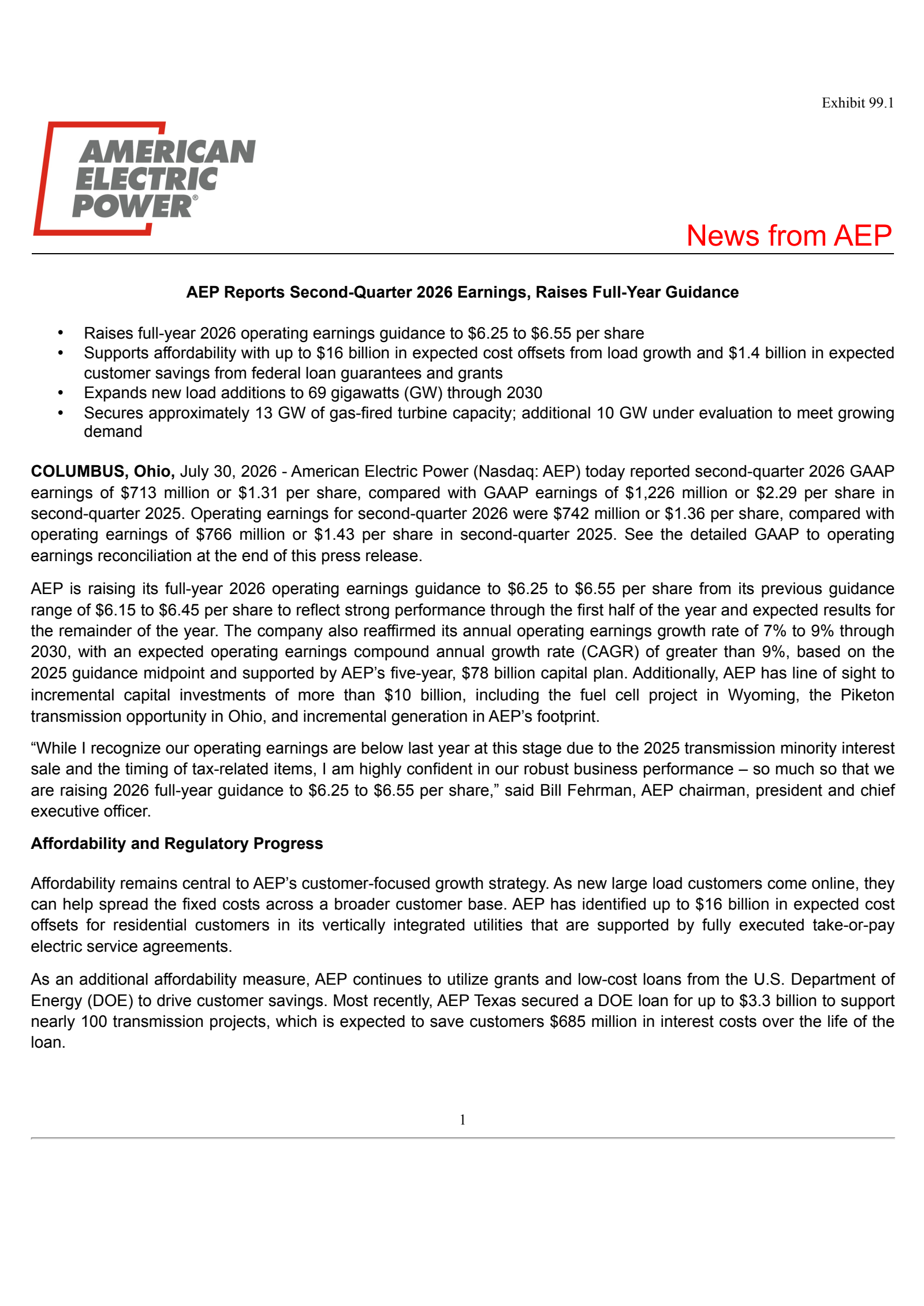 American Electric Power's Q2 2026 Press Release