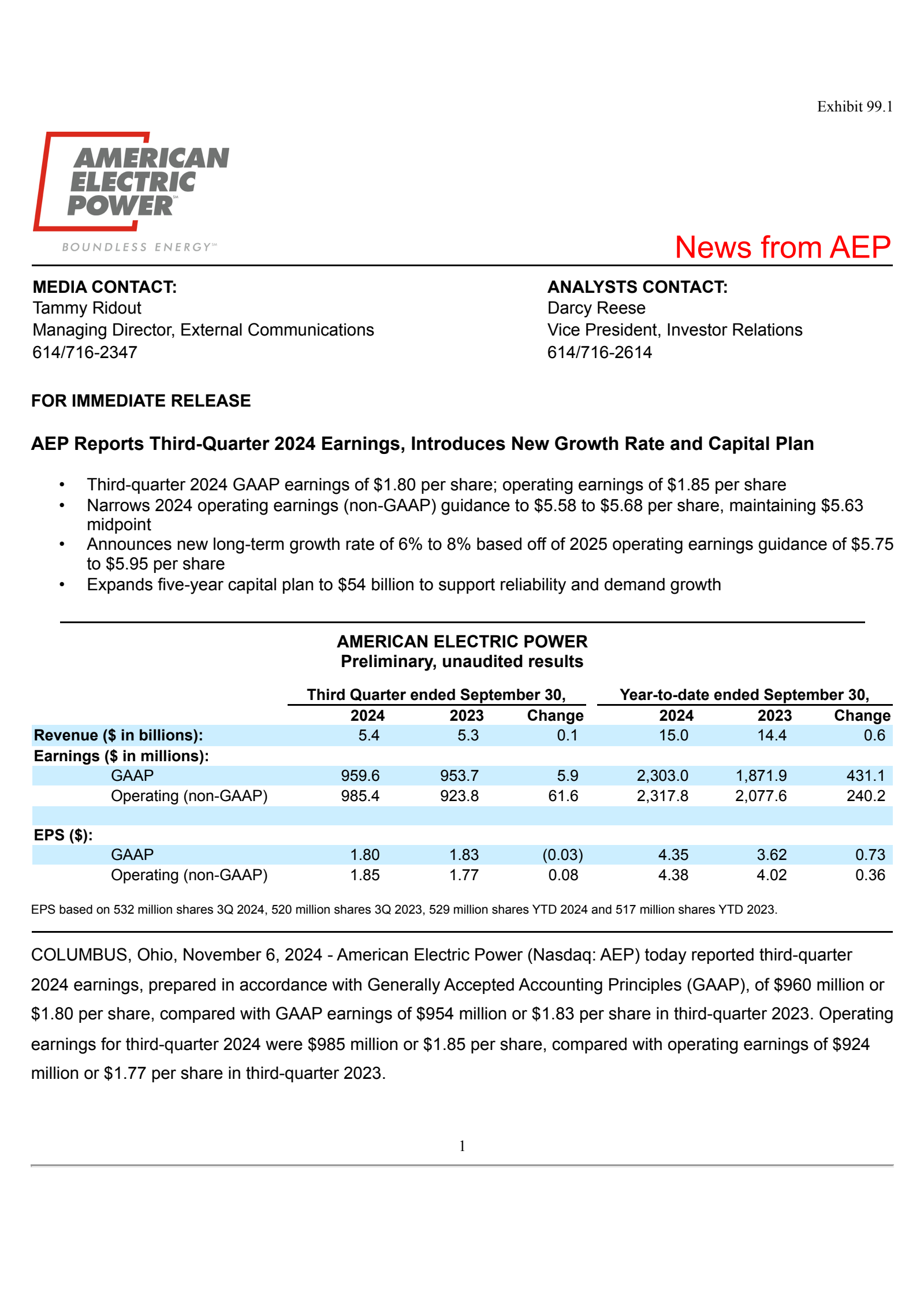 American Electric Power's Q3 2024 Press Release