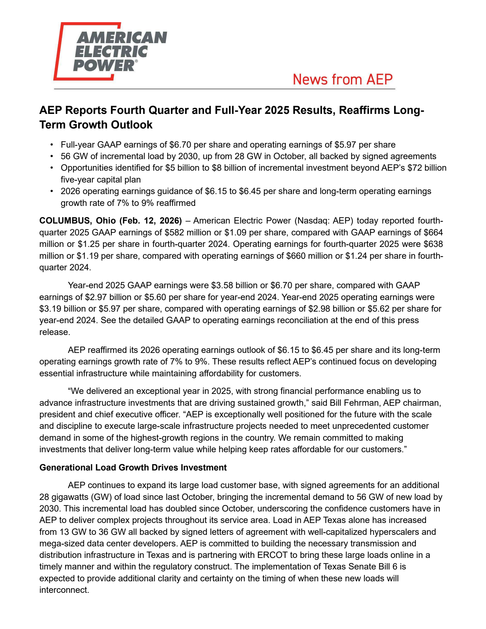 American Electric Power's Q4 2025 Press Release