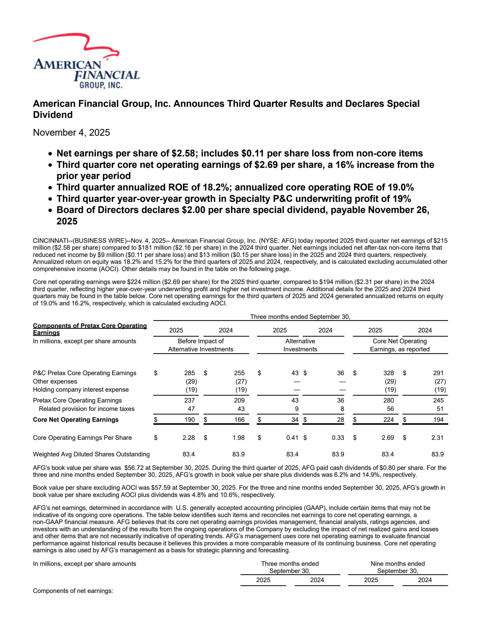 American Financial Group's Q3 2025 Earnings Release