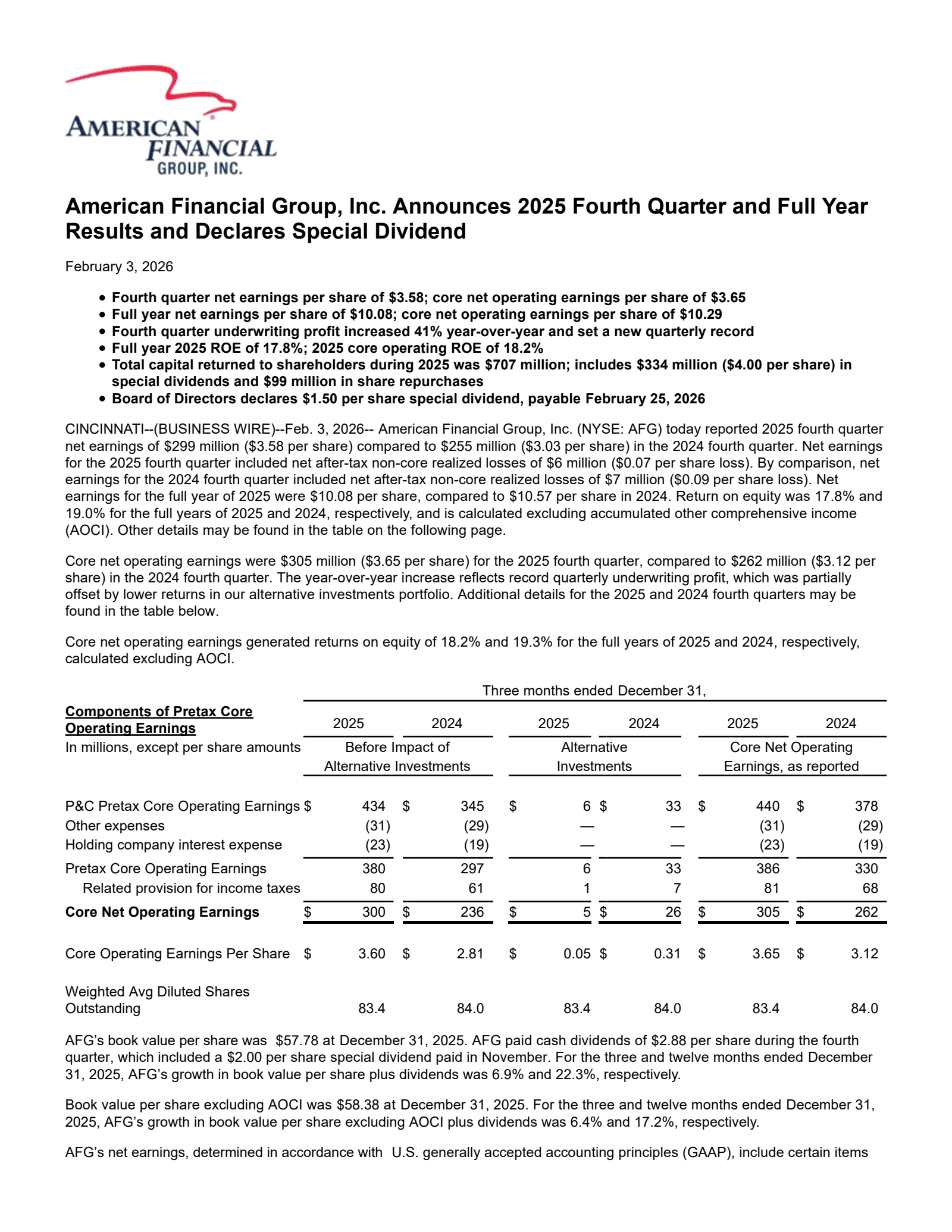 American Financial Group's Q4 2025 Press Release