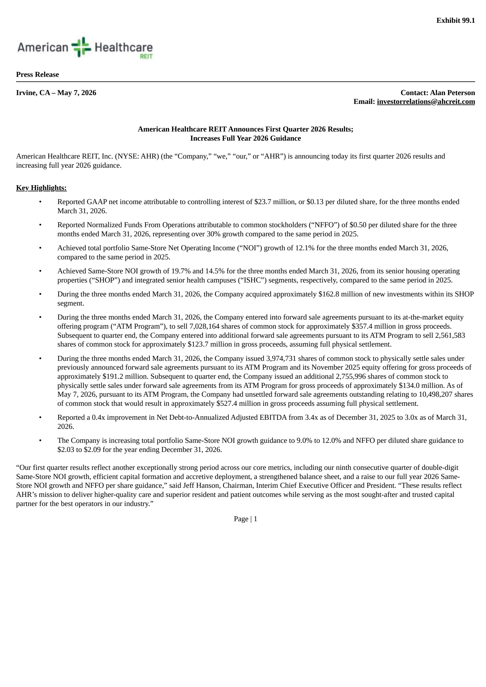 American Healthcare REIT's Q1 2026 Press Release