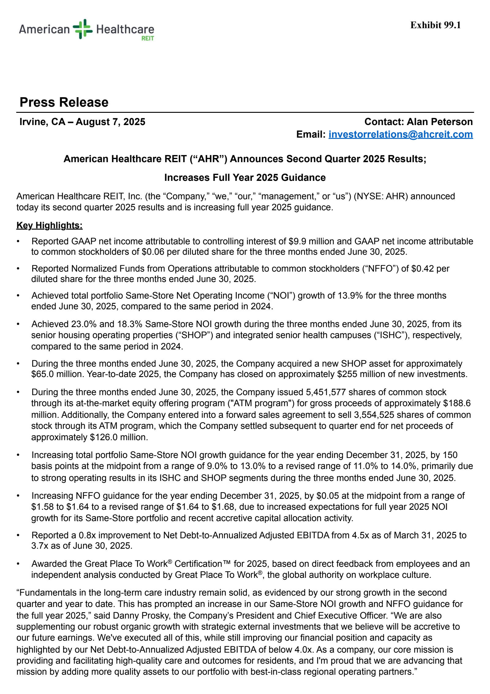 American Healthcare REIT's Q2 2025 Press Release