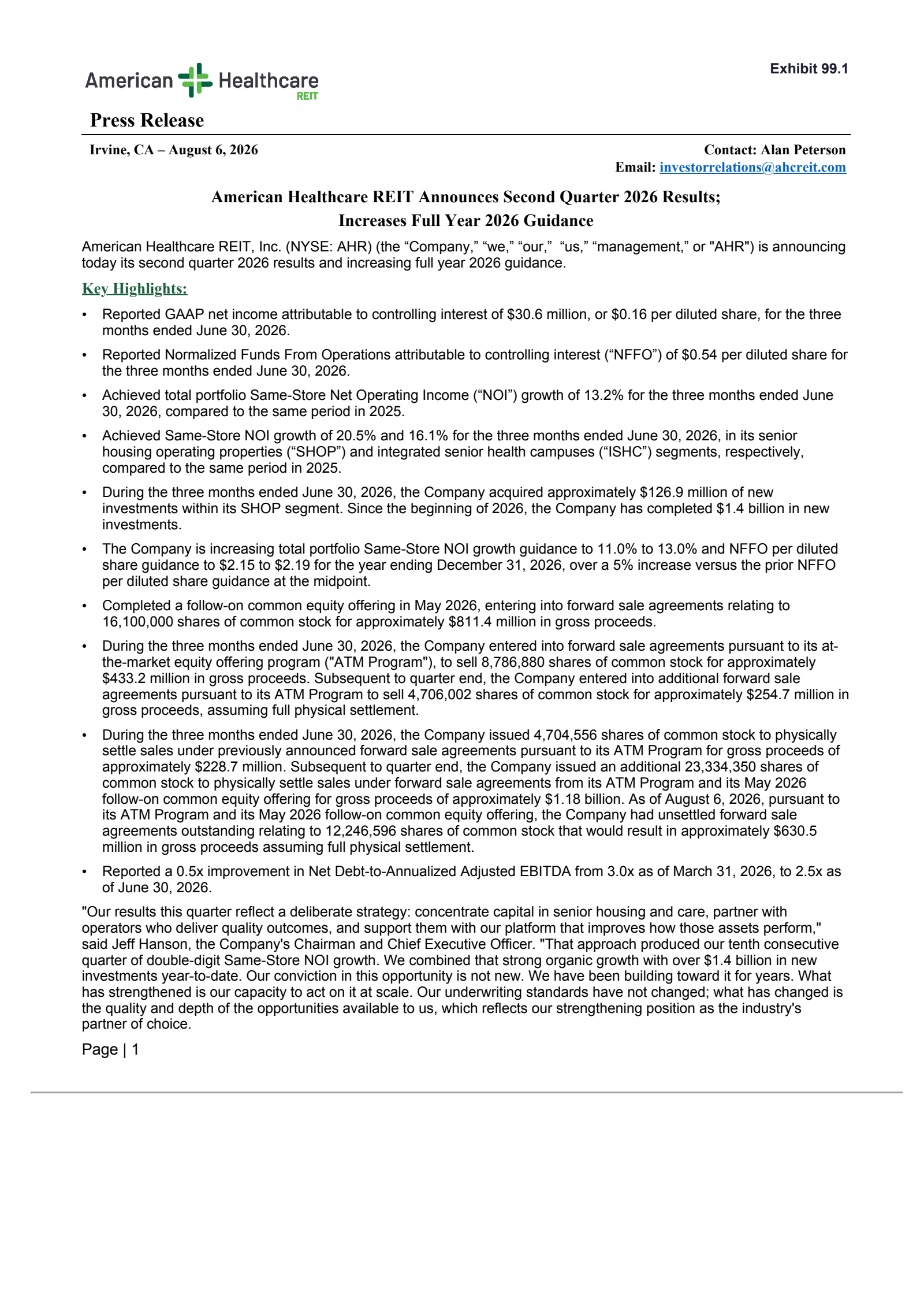 American Healthcare REIT's Q2 2026 Press Release