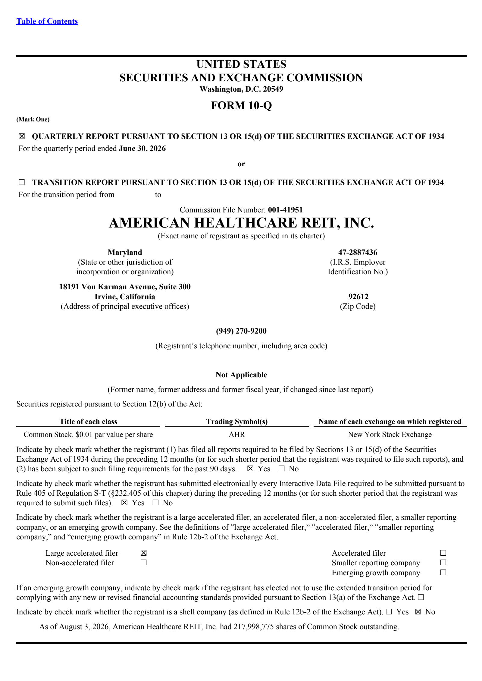 American Healthcare REIT's Q2 2026 Quarterly report
