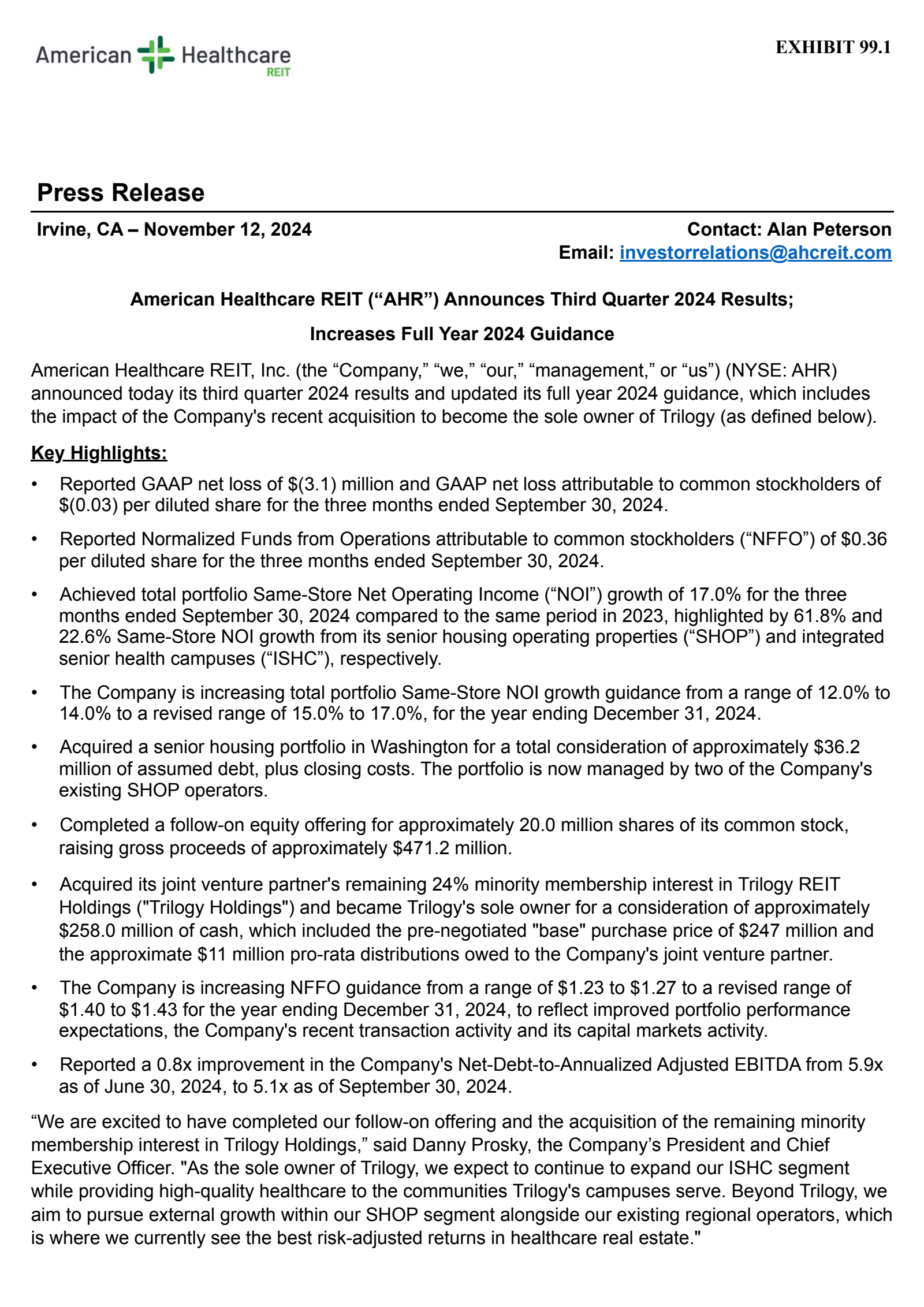American Healthcare REIT's Q3 2024 Press Release