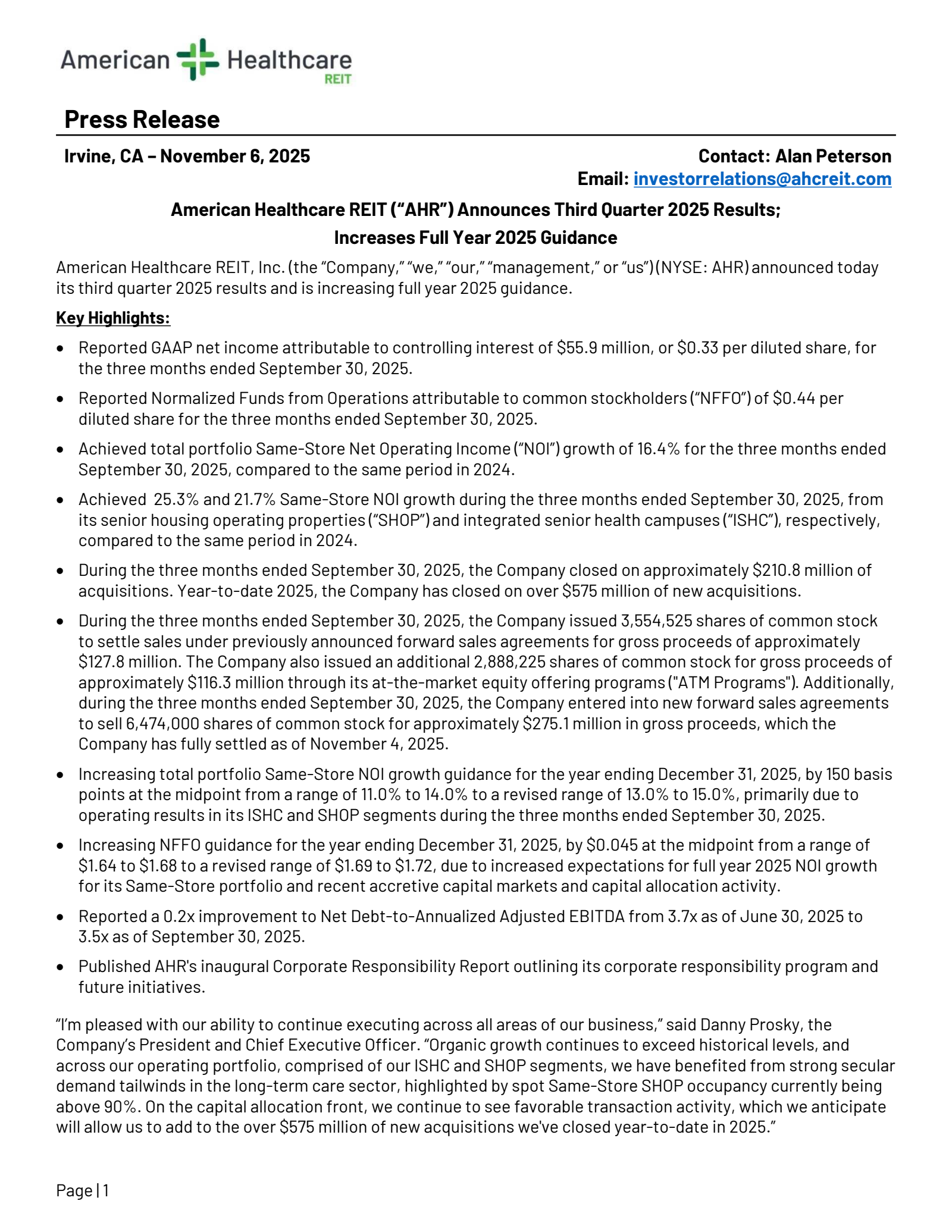 American Healthcare REIT's Q3 2025 Earnings Release