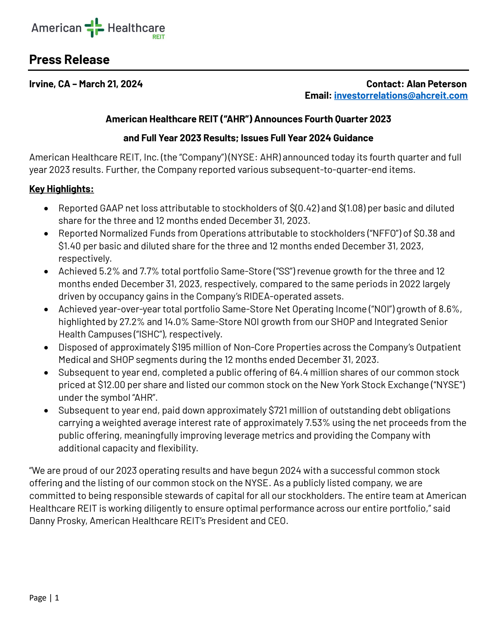 AHR Q4 2023 Earnings Report on 3/21/2024