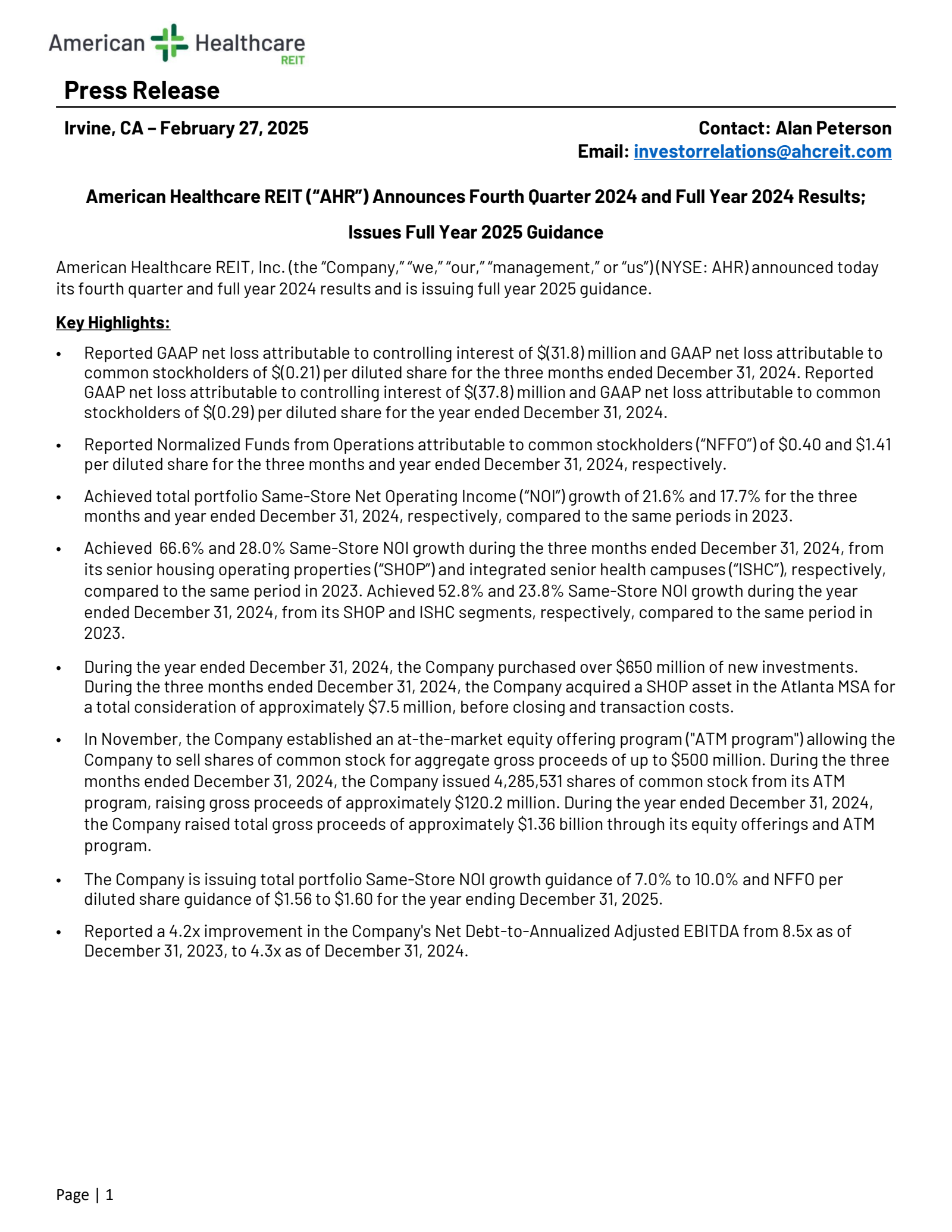 American Healthcare REIT's Q4 2024 Report