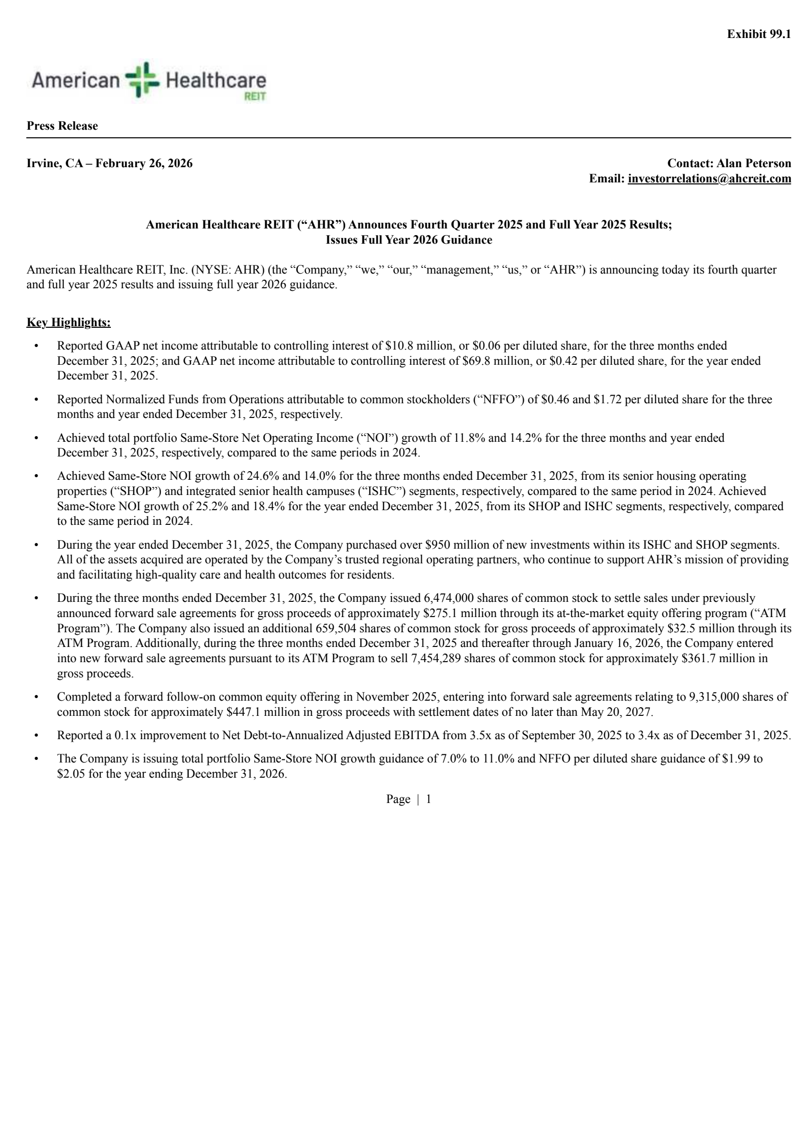 American Healthcare REIT's Q4 2025 Press Release