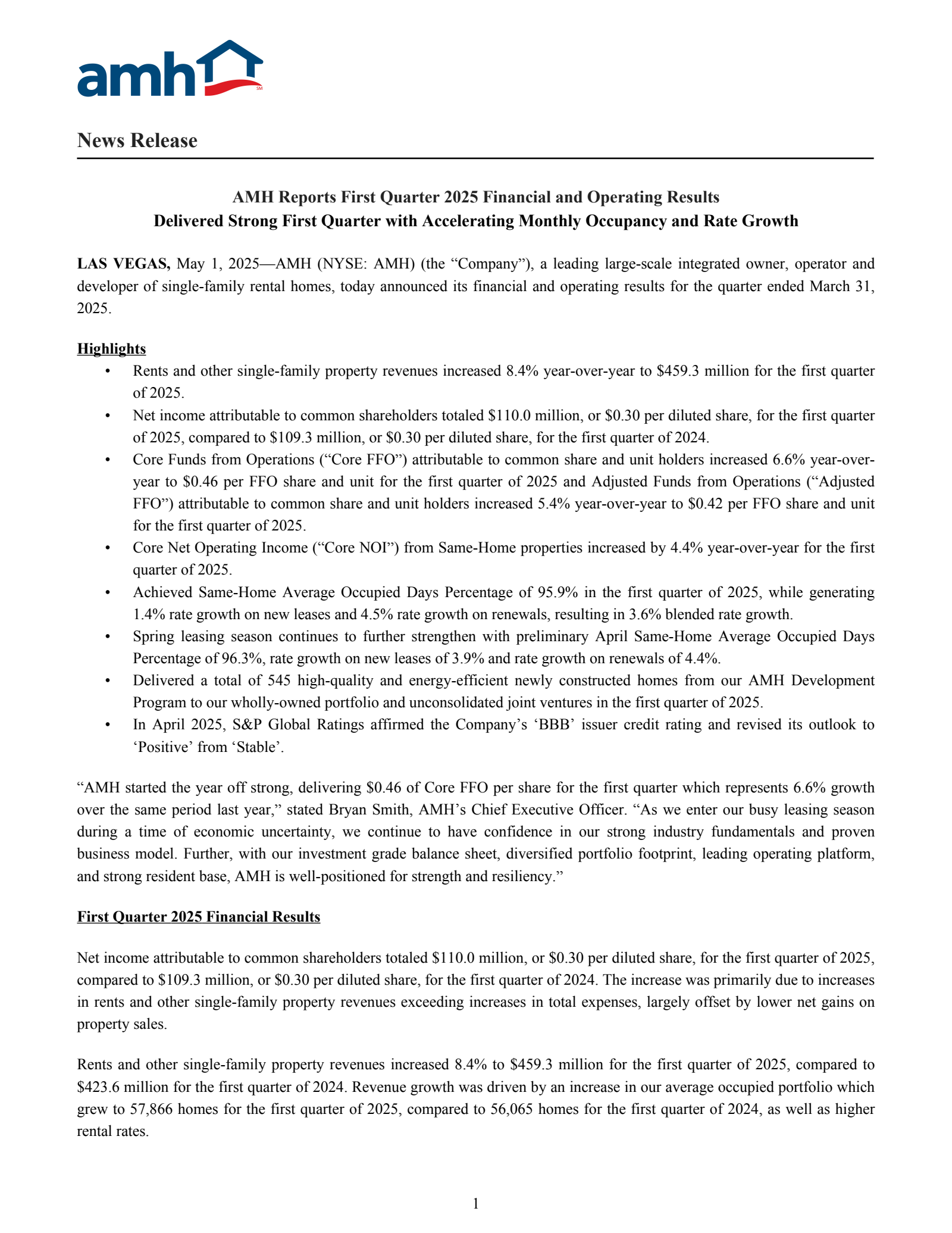 American Homes 4 Rent's Q1 2025 Press Release