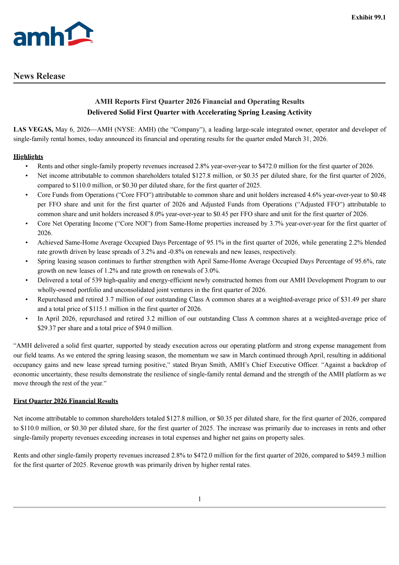 American Homes 4 Rent's Q1 2026 Press Release