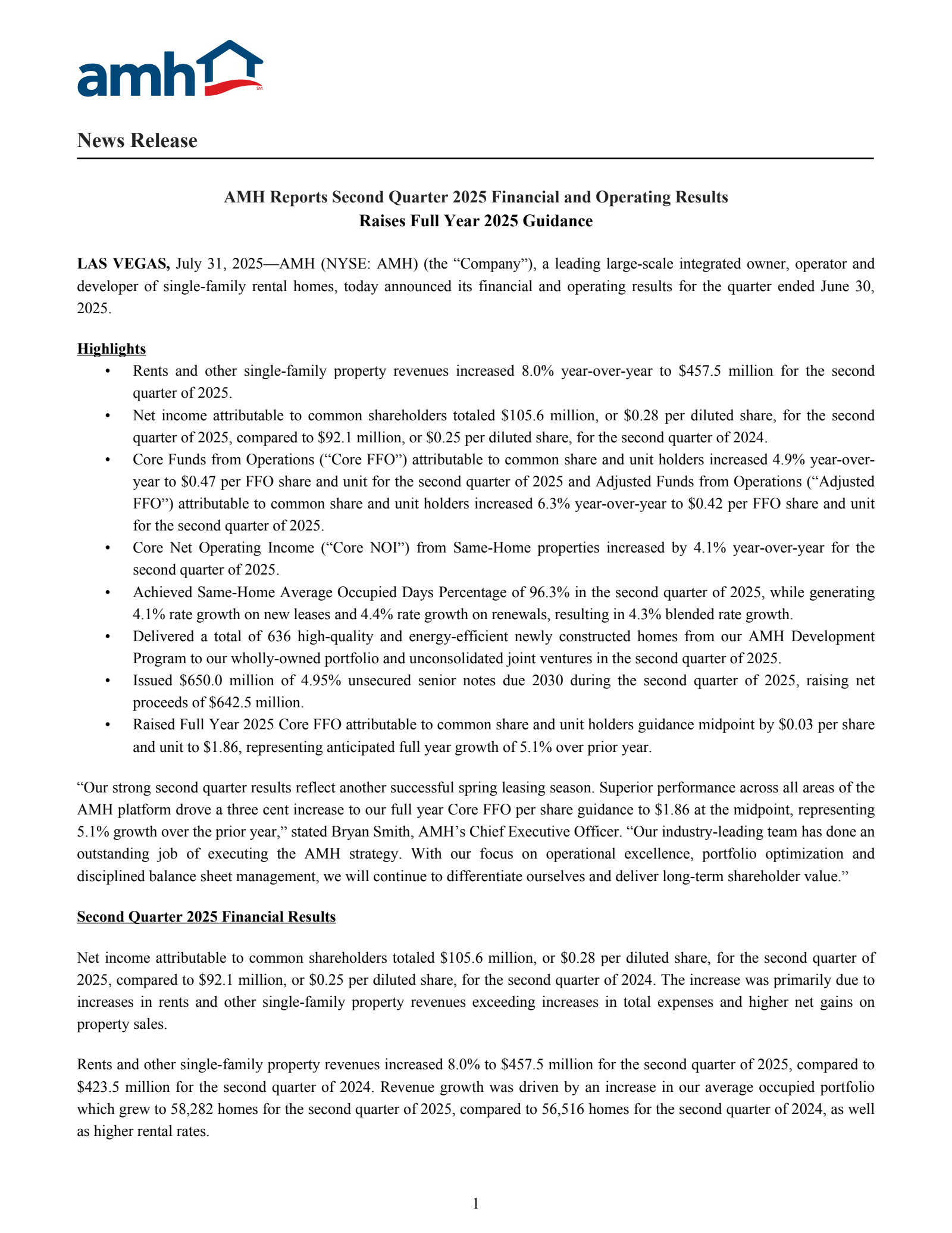 American Homes 4 Rent's Q2 2025 Press Release