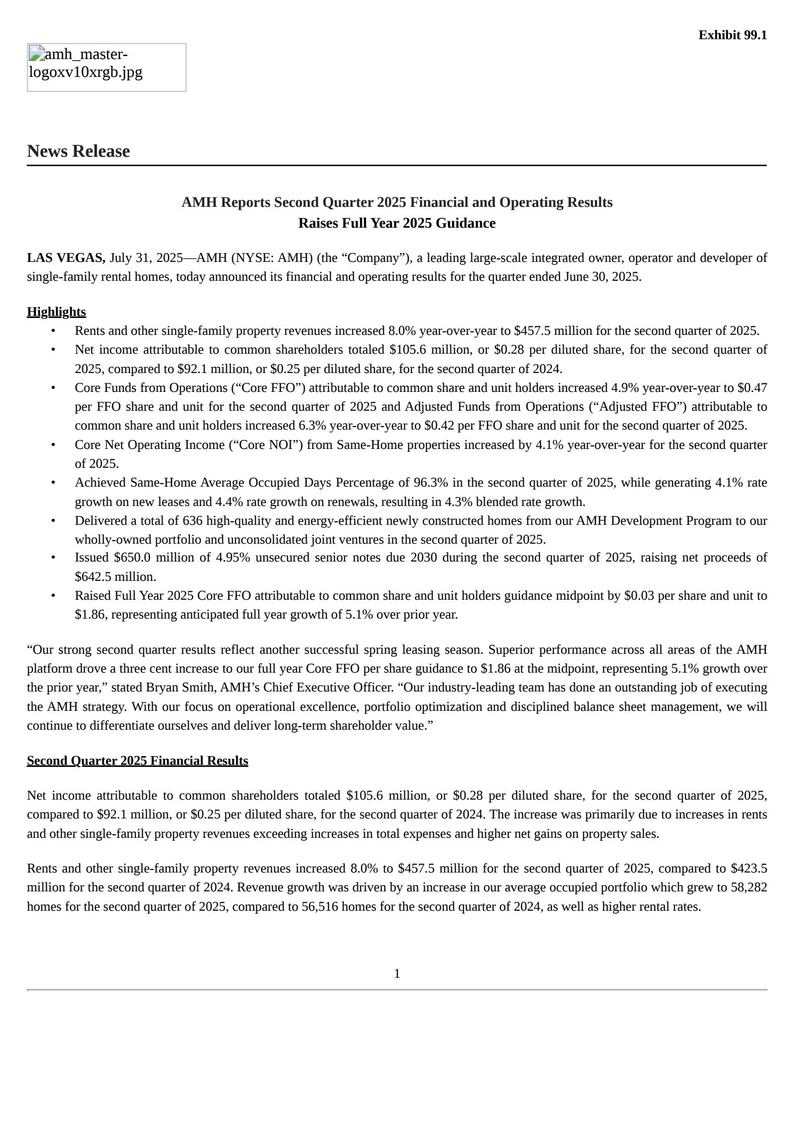 American Homes 4 Rent's Q2 2025 Press Release