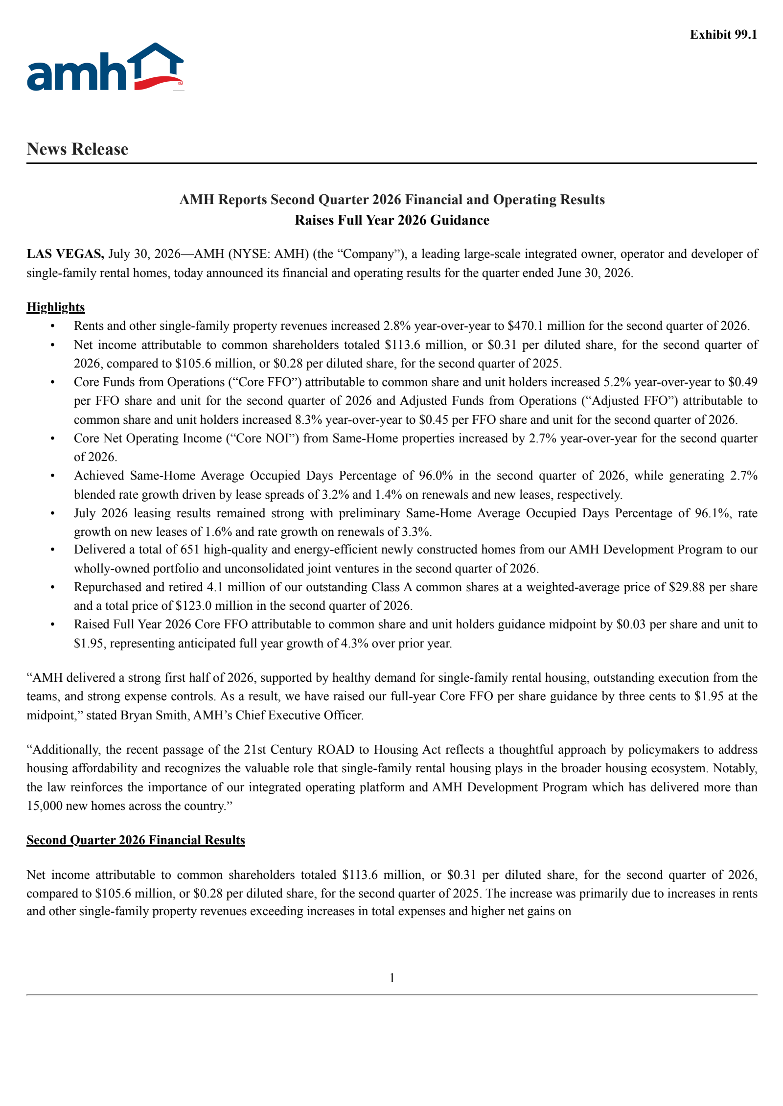 American Homes 4 Rent's Q2 2026 Press Release