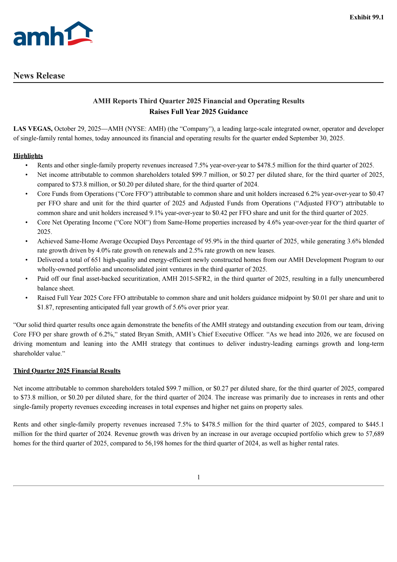 American Homes 4 Rent's Q3 2025 Earnings Release