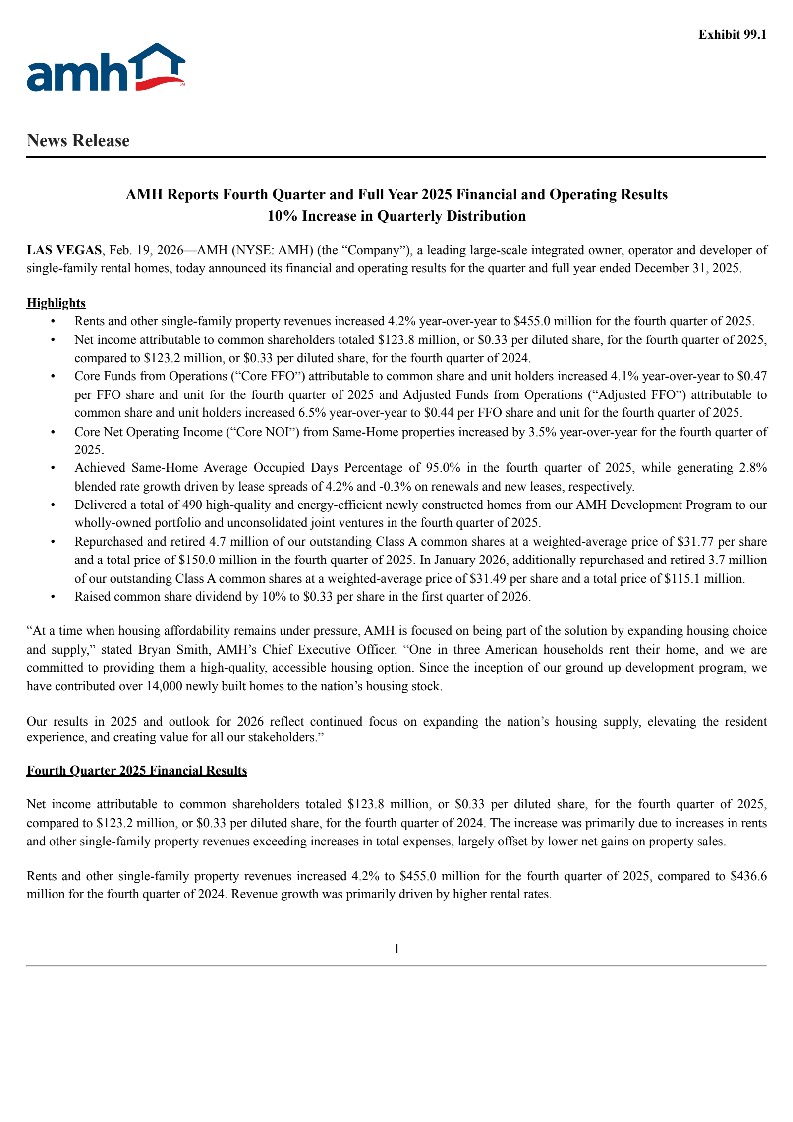 American Homes 4 Rent's Q4 2025 Press Release