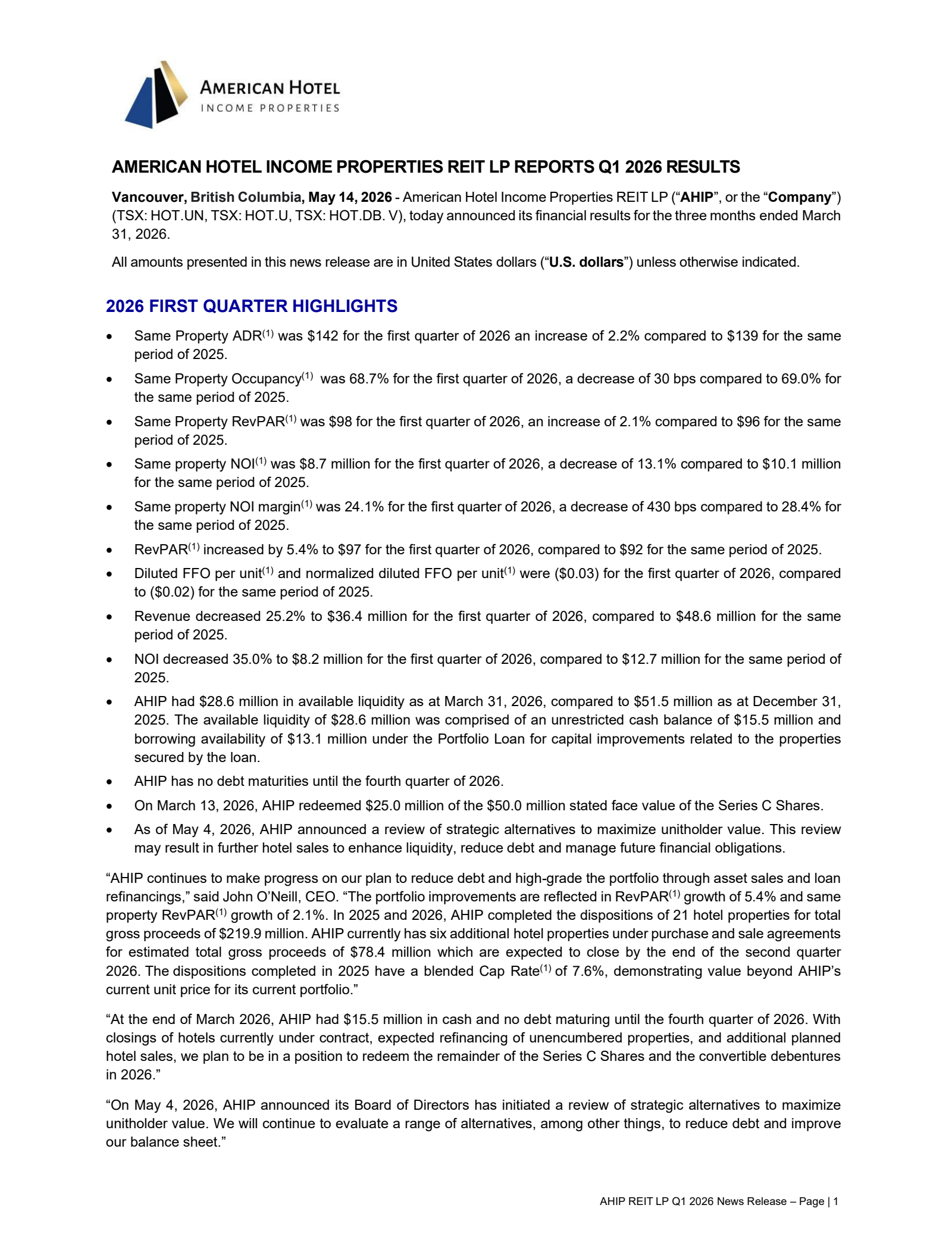 American Hotel Income Properties REIT's Q1 2026 Press Release