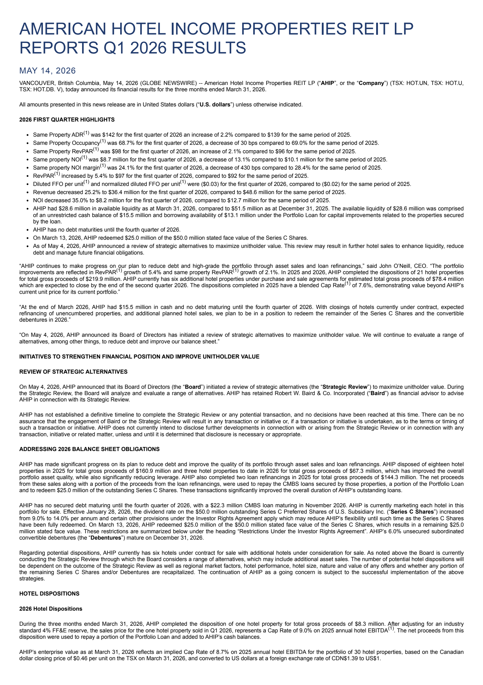 American Hotel Income Properties REIT's Q1 2026 Press Release