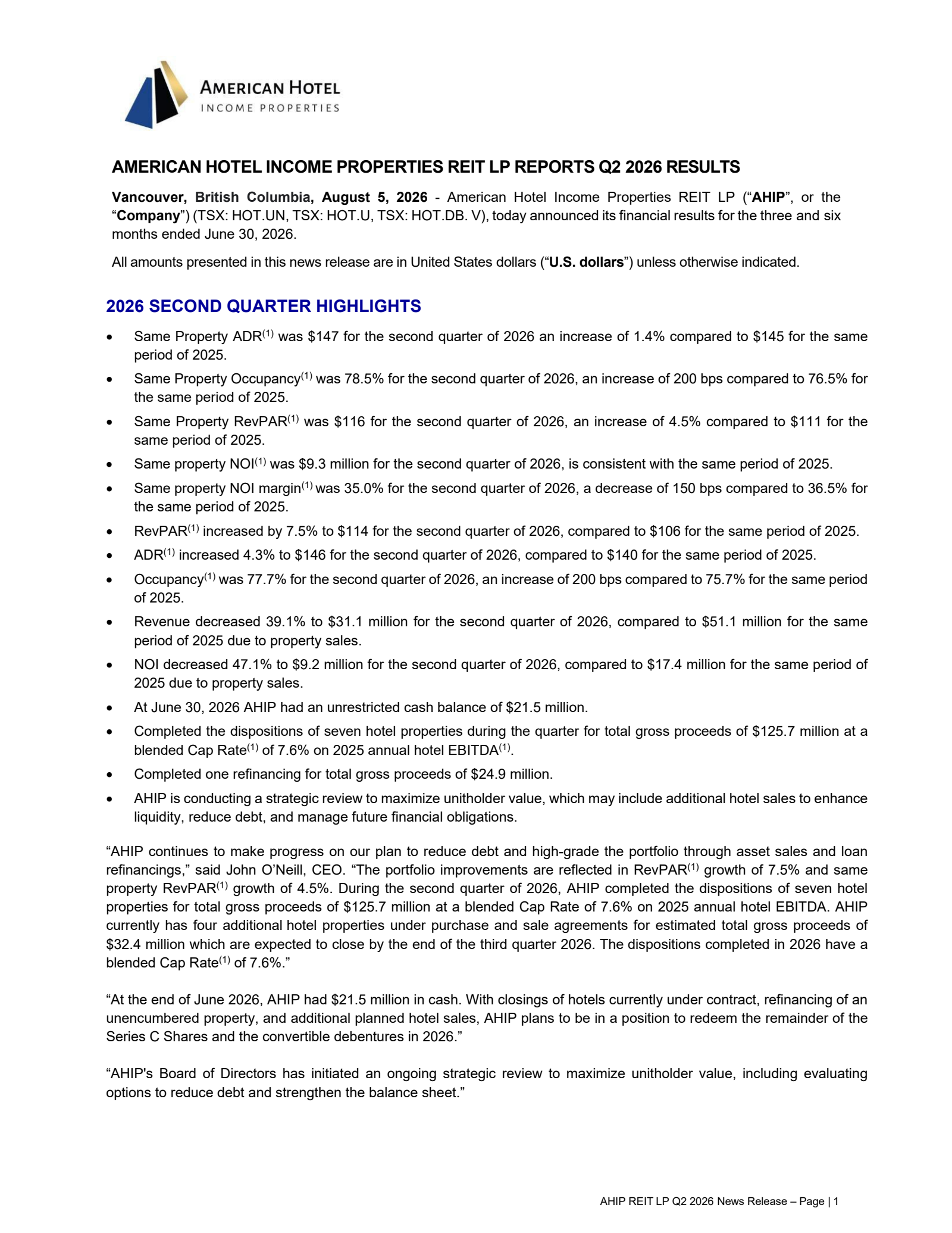 American Hotel Income Properties REIT's Q2 2026 Press Release