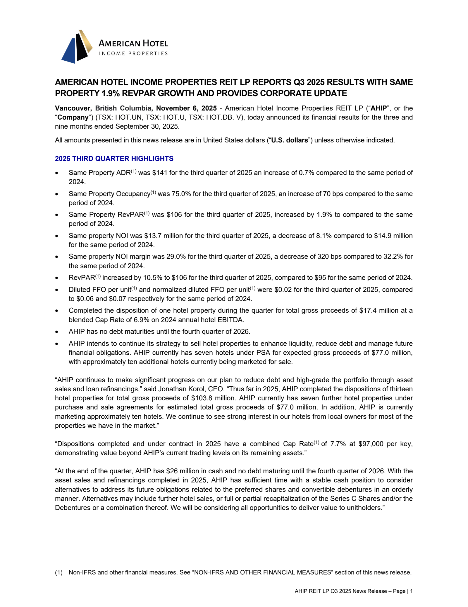 American Hotel Income Properties REIT's Q3 2025 Earnings Release