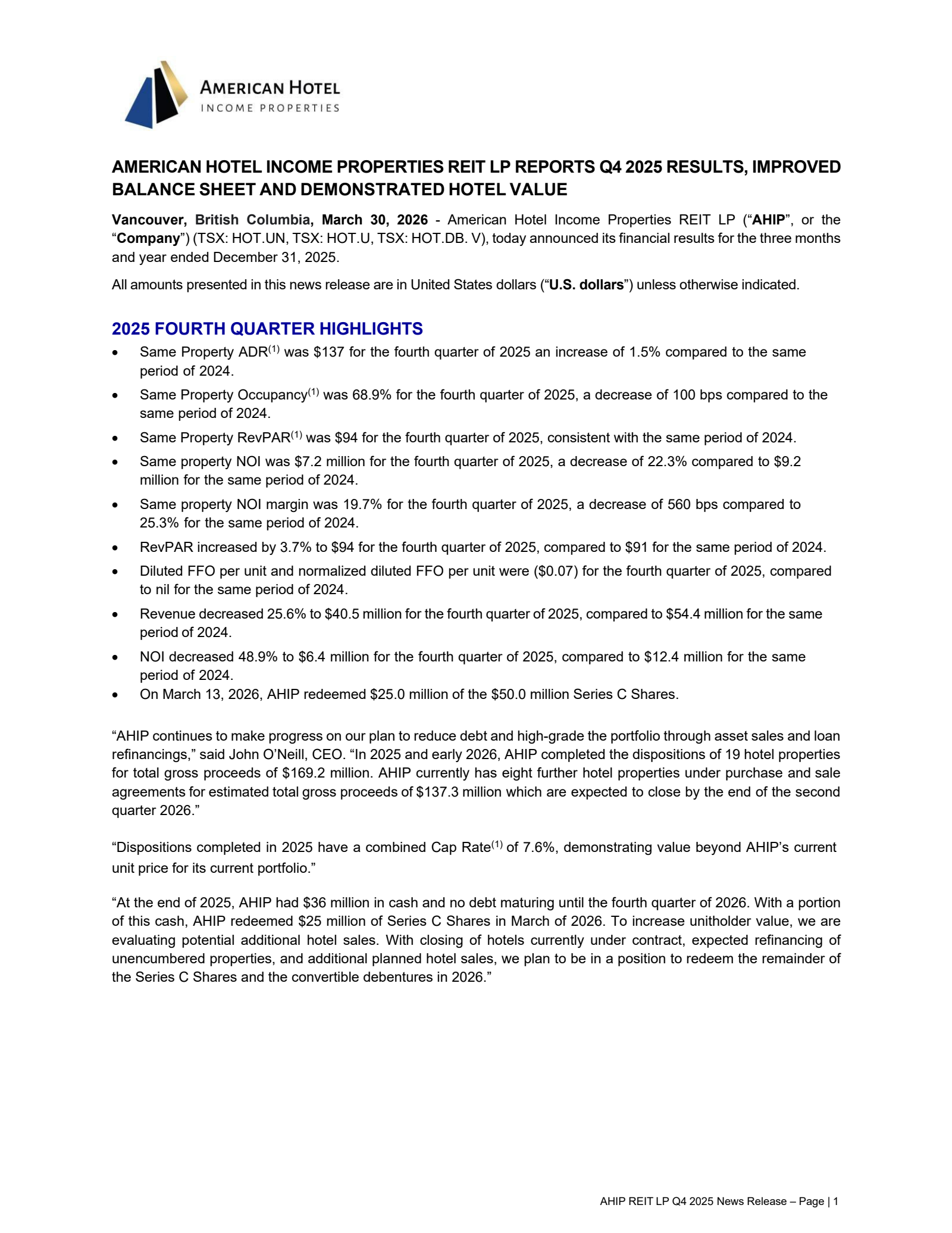 American Hotel Income Properties REIT's Q4 2025 Press Release