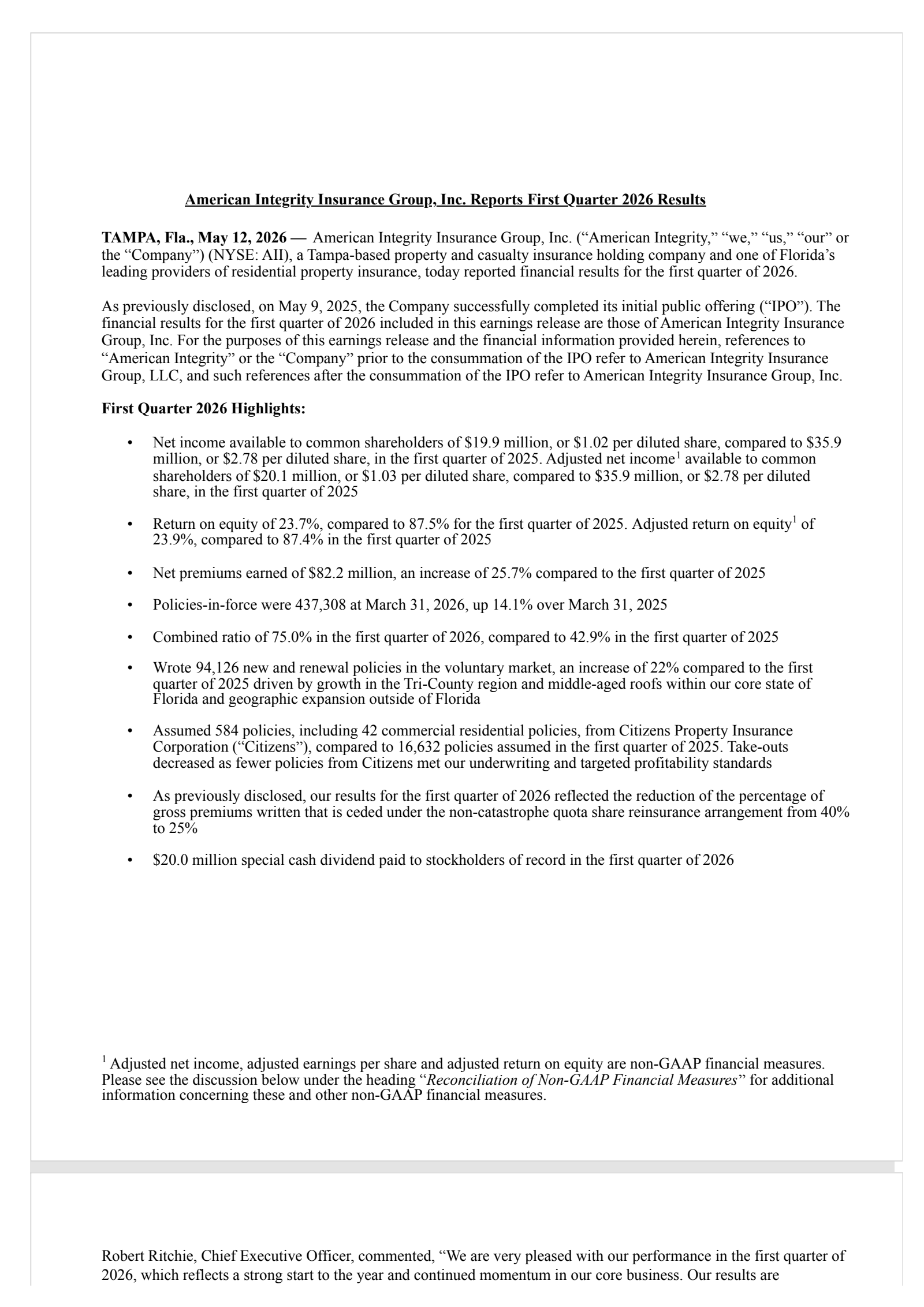 American Integrity Insurance Group's Q1 2026 Press Release