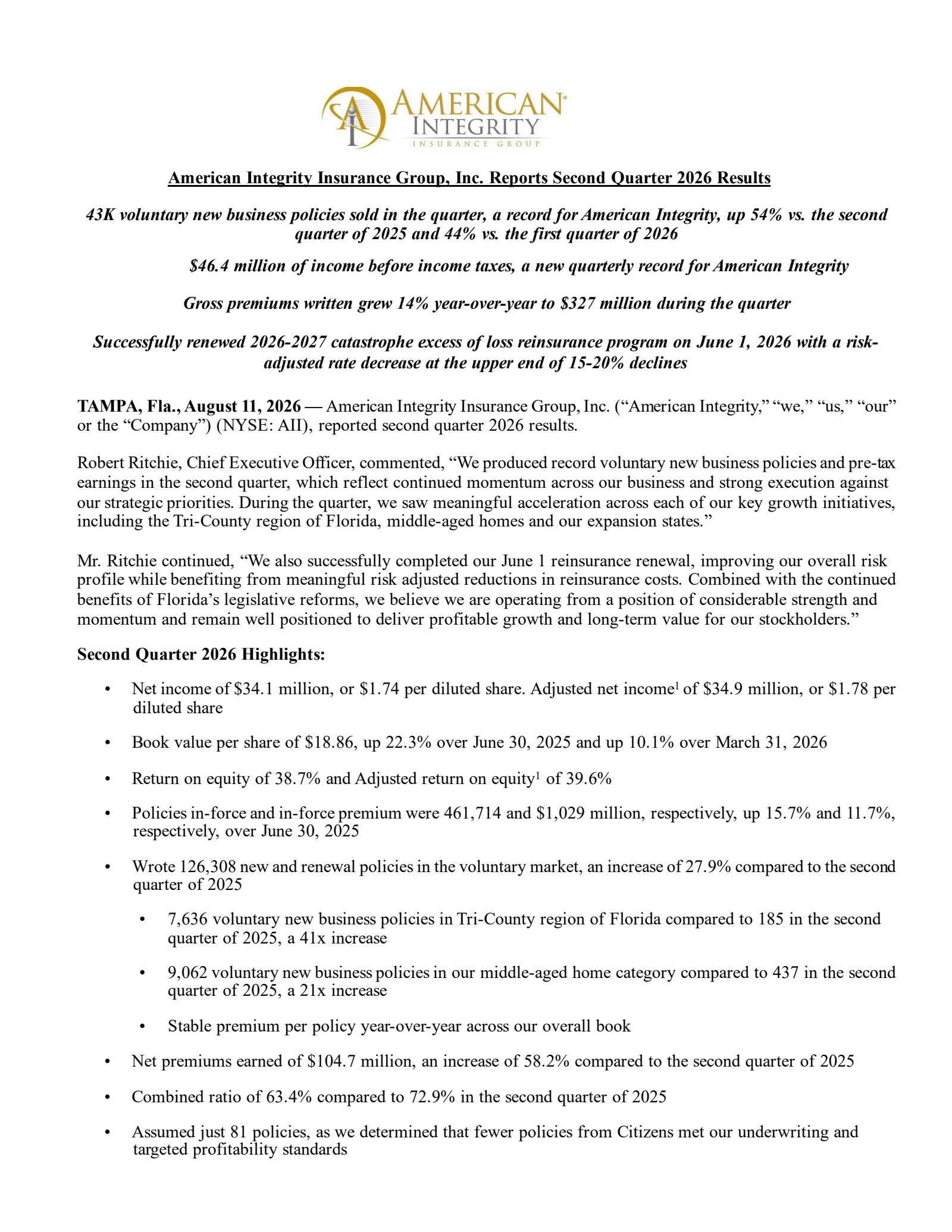 American Integrity Insurance Group's Q2 2026 Press Release