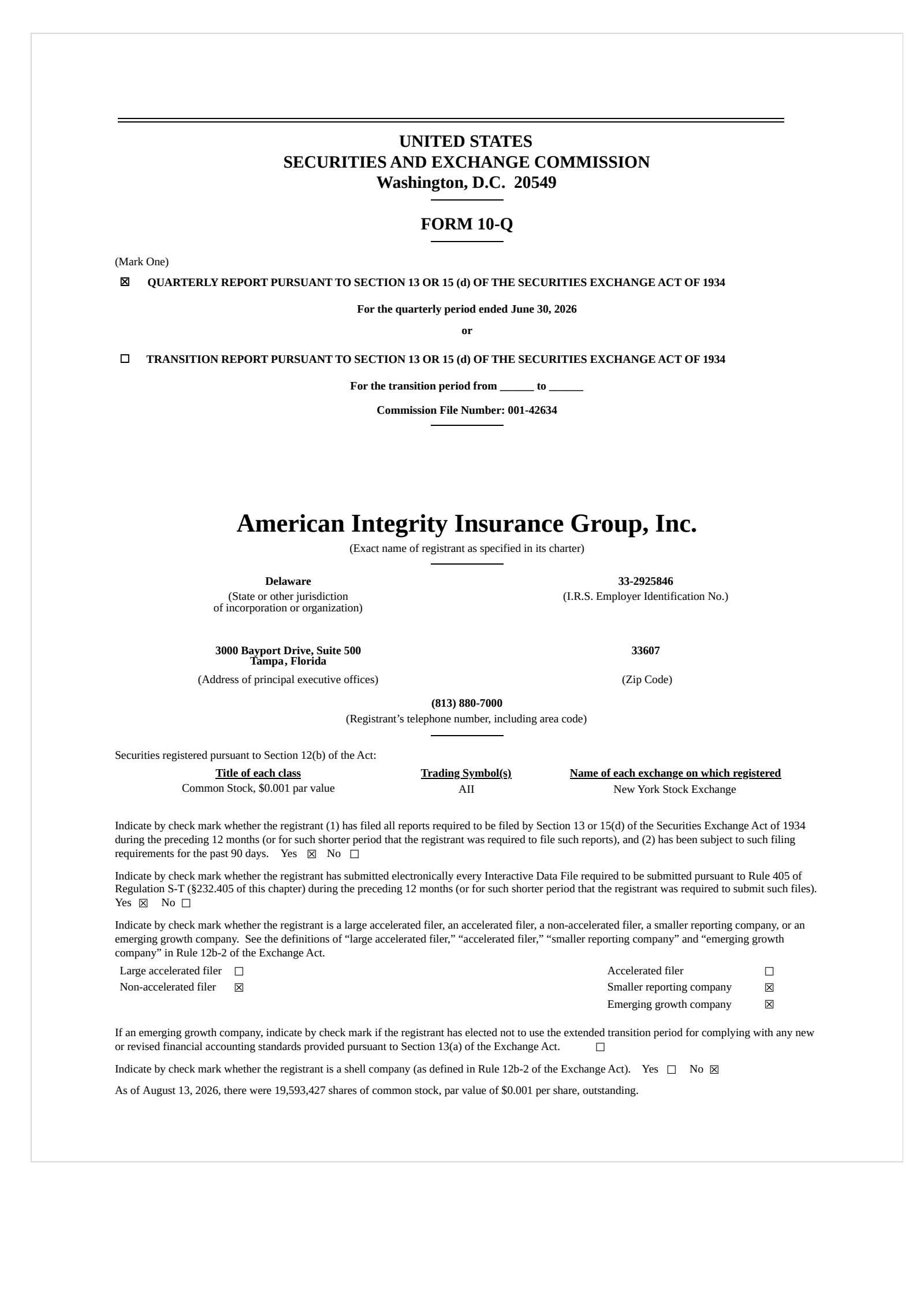 American Integrity Insurance Group's Q2 2026 Quarterly report