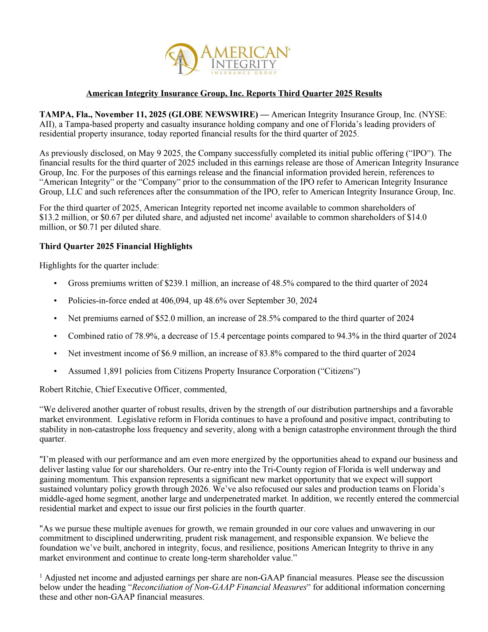 American Integrity Insurance Group's Q3 2025 Earnings Release