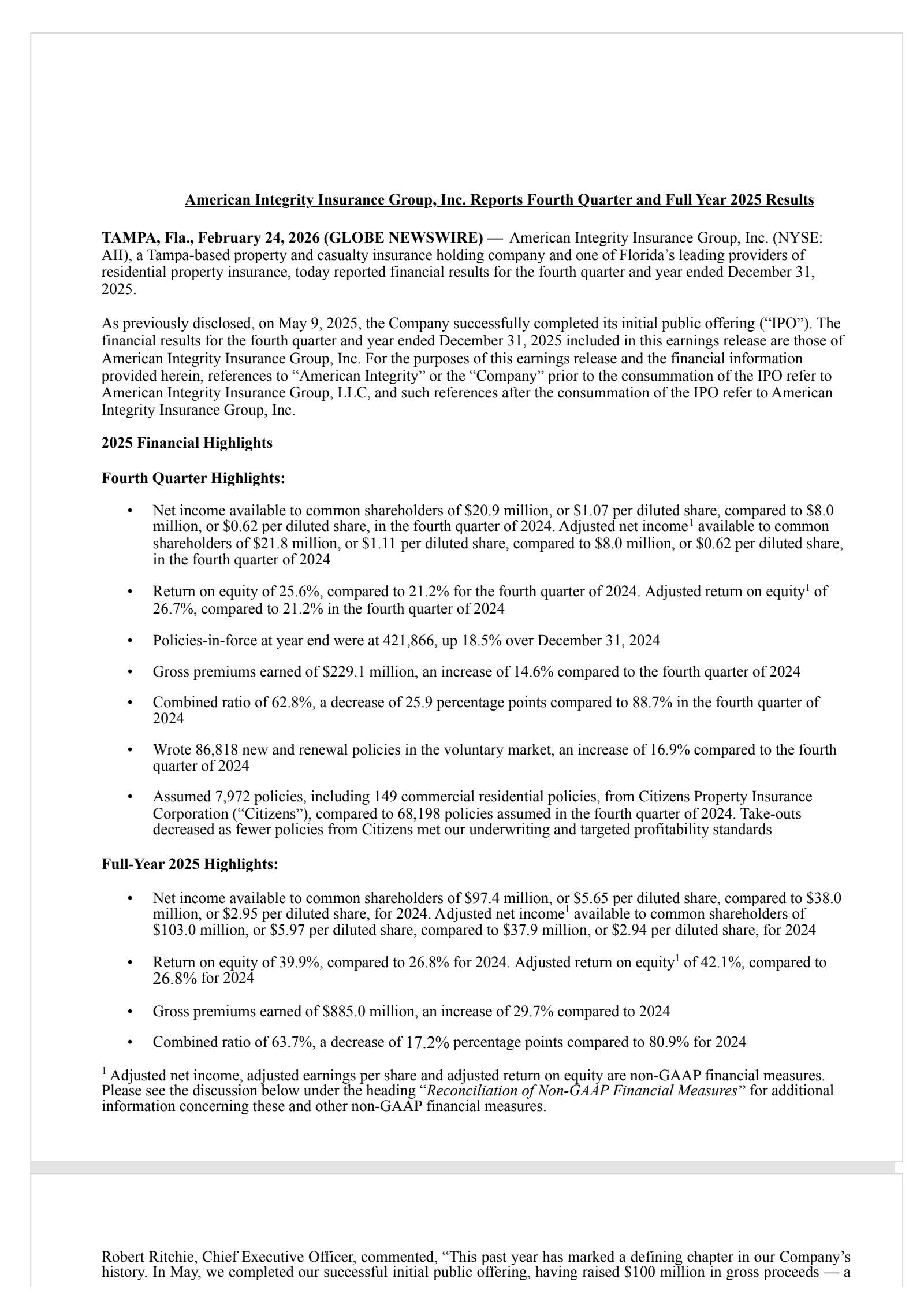 American Integrity Insurance Group's Q4 2025 Press Release