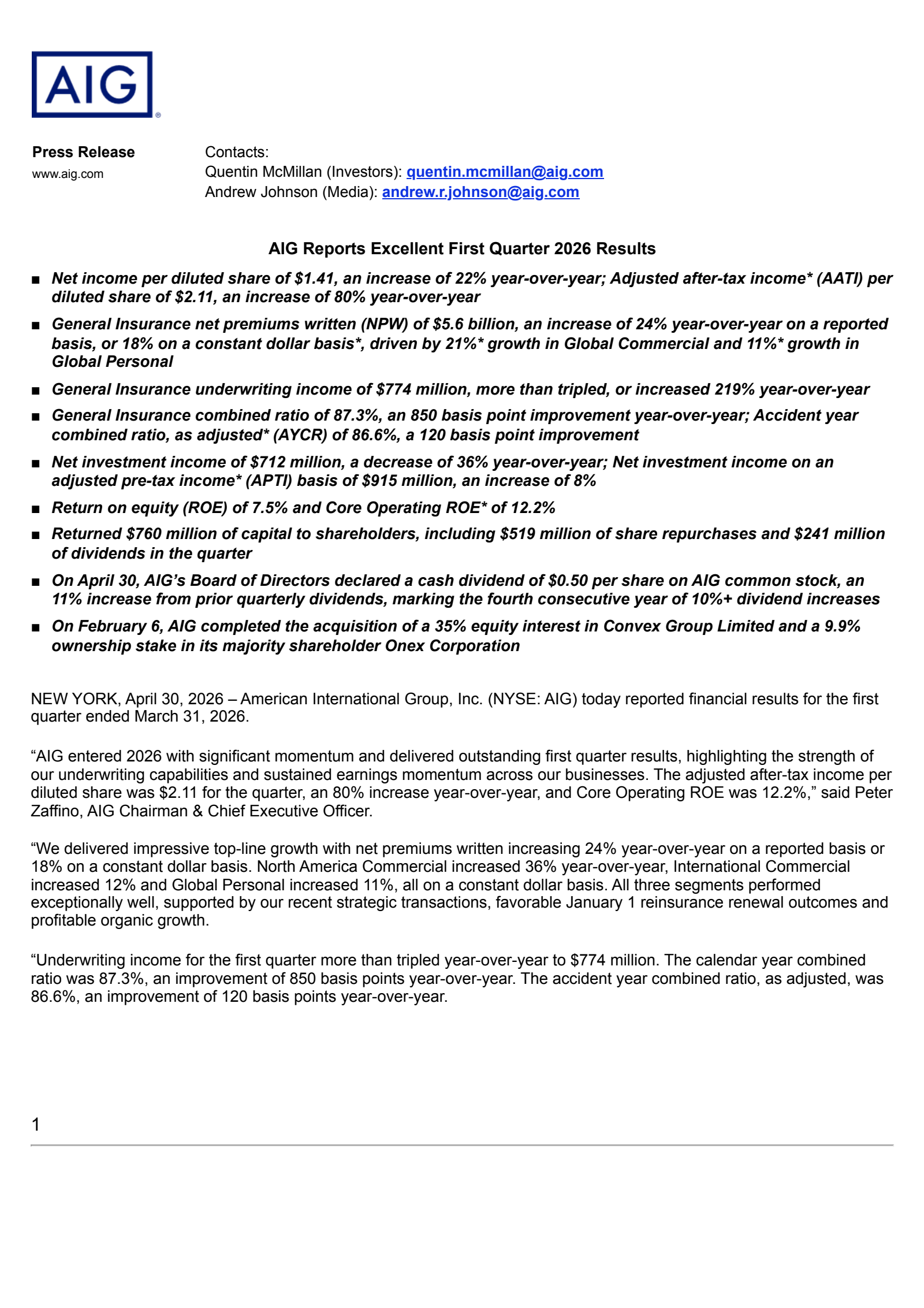 American International Group's Q1 2026 Press Release