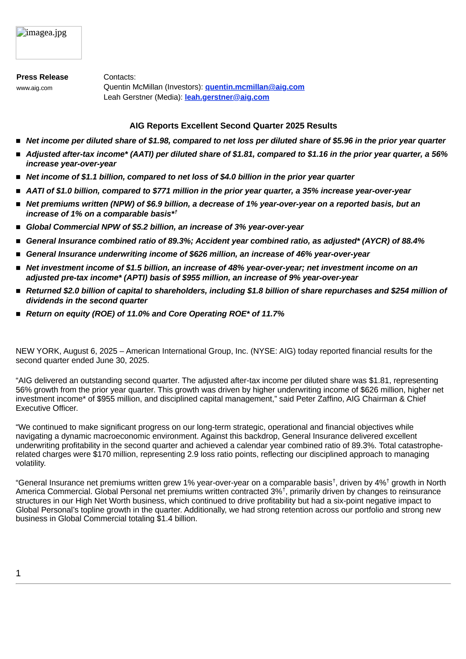 American International Group's Q2 2025 Press Release
